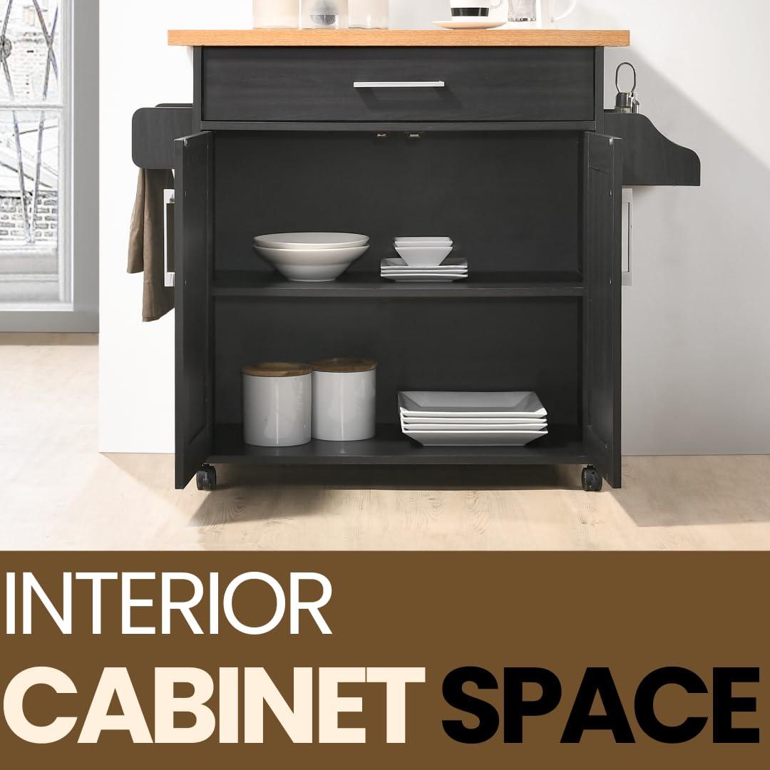 Hodedah Hodedah Kitchen Island with Spice Rack, Towel Rack & Drawer, Black with Beech Top