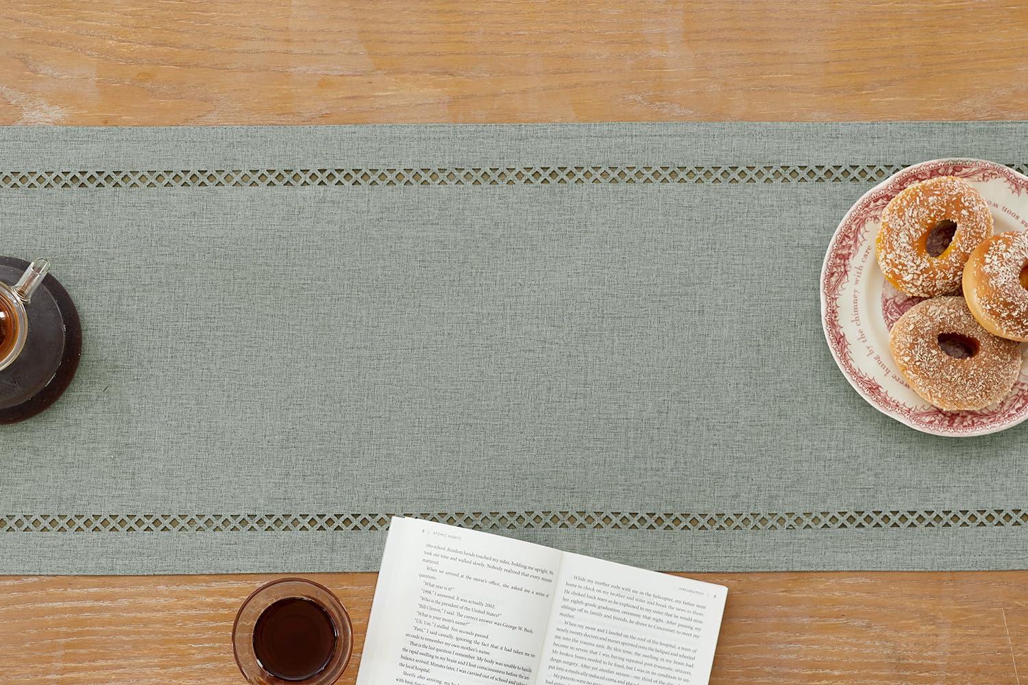 Aoztio Aoztio Burlap Style Farmhouse Table Runner, 13 x 36 Inch Grey, Rustic Geometric Hollow Table Runners 36 Inches Long for Dresser Table Everyday Use, 13x36 Inches, Grey