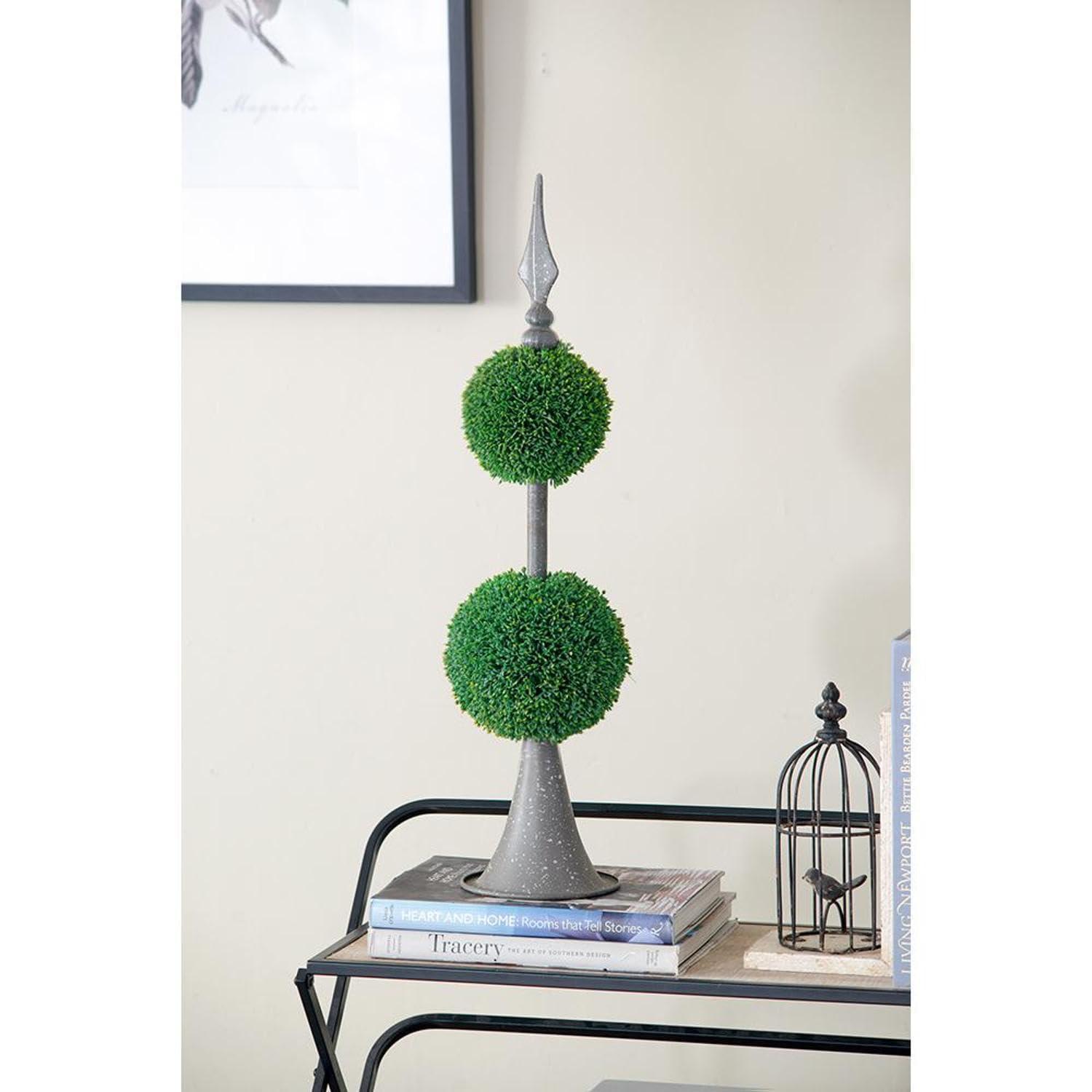T2 CONCEPT T2 CONCEPT 26 Tall Artificial Two Tiered Boxwood Topiary on Artistic Metal Spire, Faux Greenery, Home Decor Botanical Accent, for Living Room, Entryway, Porch