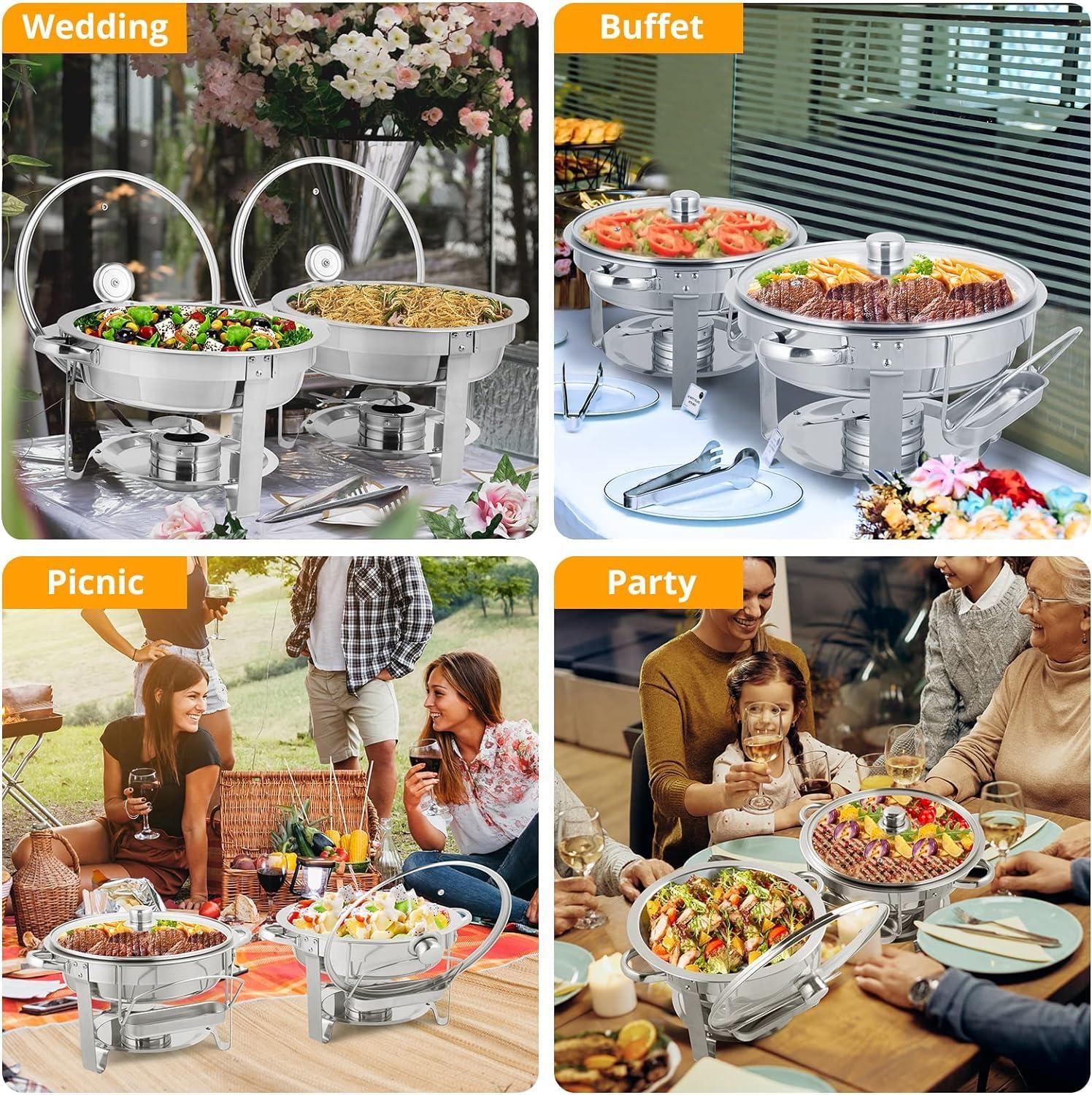 ROVSUN ROVSUN 5Qt 6 Pack Chafing Dish Buffet Set, NSF Stainless Steel Round Chafers for Catering, Buffet Servers and Warmers Set with Glass Lid & Lid Holder for Wedding Party Banquet Event