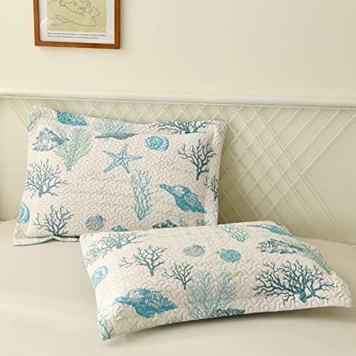 Junsey Junsey 3Pcs Ocean Theme Quilts Set Full/Queen Size Lightweight Coastal Bedding Beach Theme Bedspread Coverlet All Season Nautical Bed Sheet with 2 Pillowshams(Light Blue, Full/Queen)