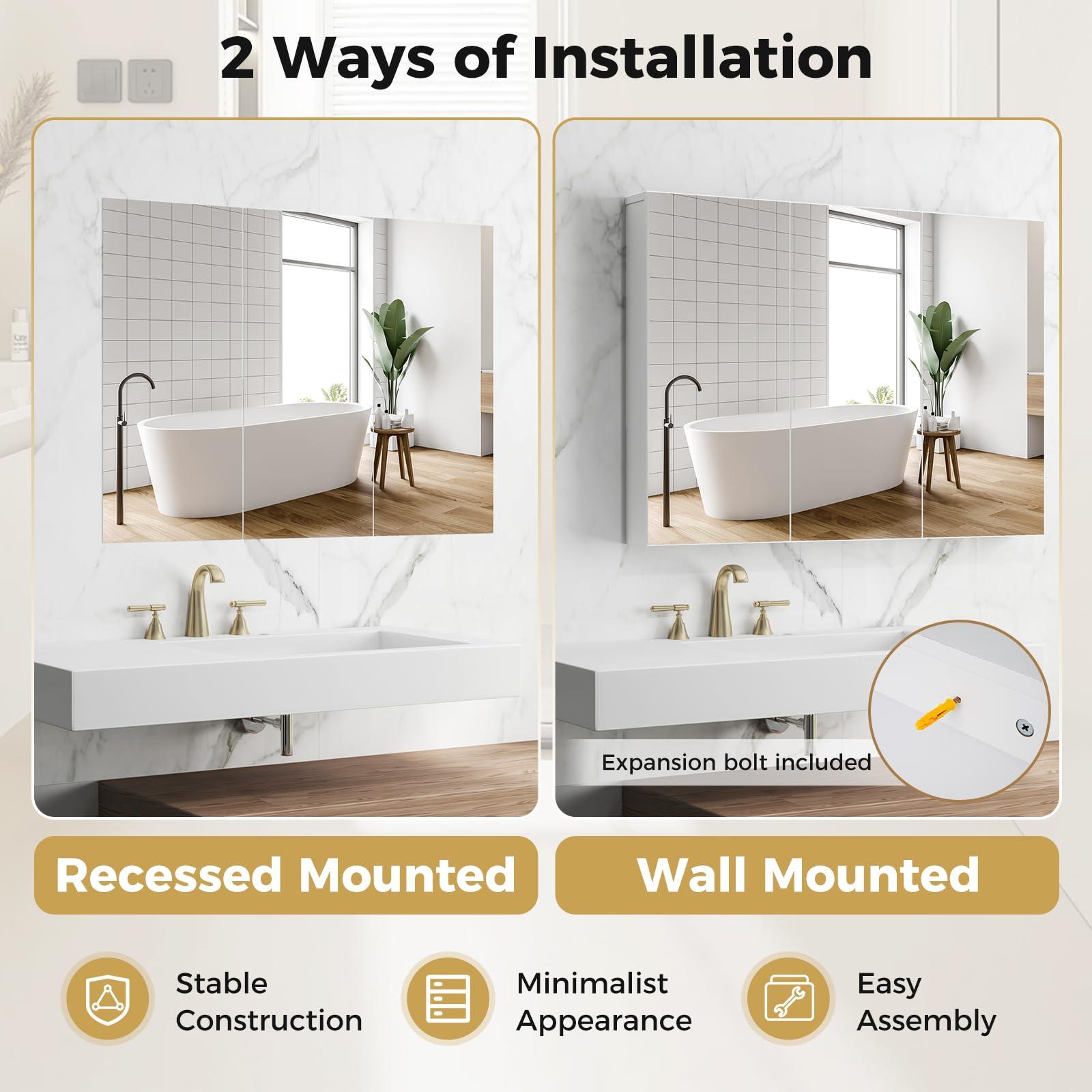 LOKO LOKO Large Bathroom Medicine Cabinet with Mirror, Wall Mounted Bathroom Cabinet with 3 Mirrored Doors & Adjustable Shelves, Triple Mirror Door Bathroom Wall Cabinet, 36 x 4.5 x 25.5 Inches