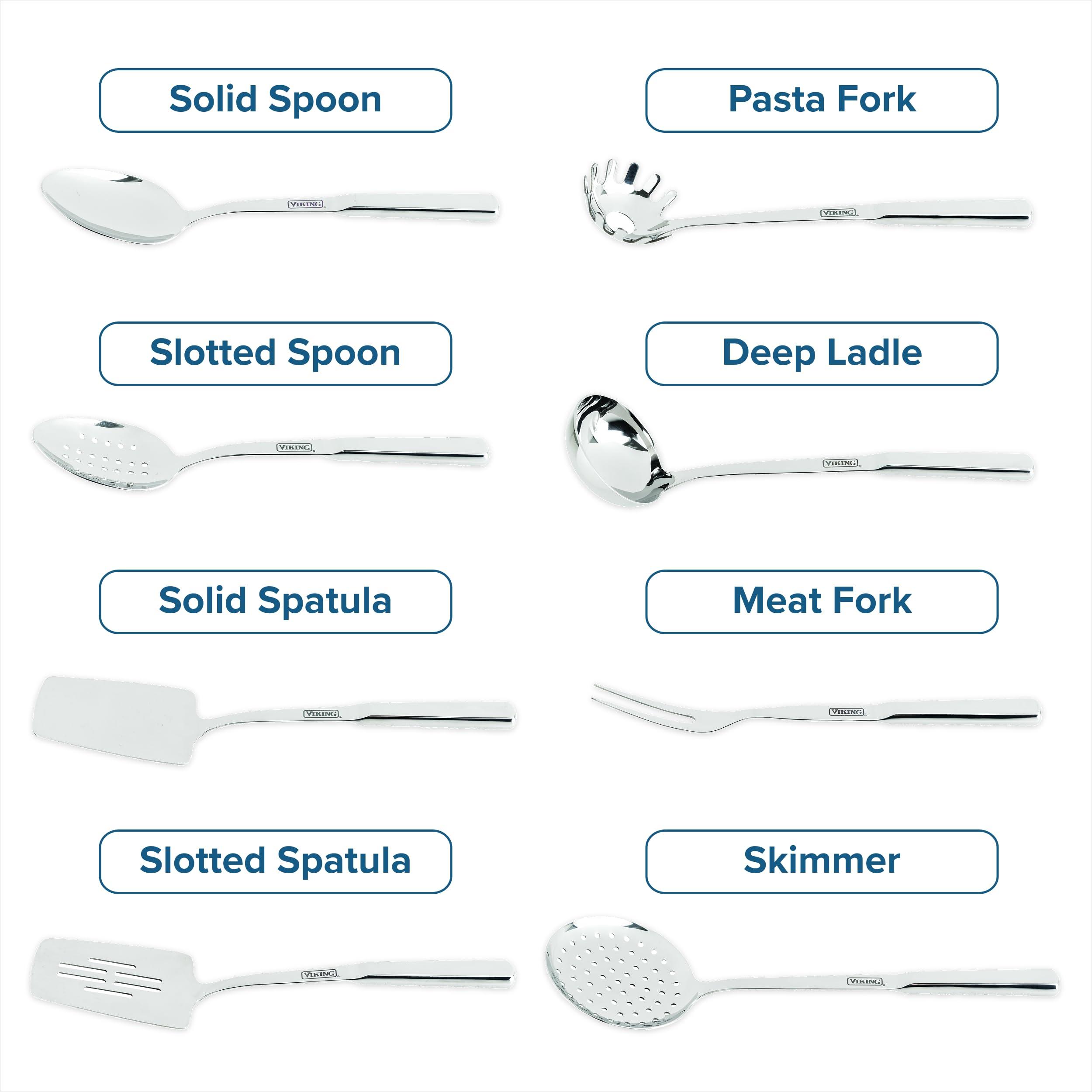 Viking Viking Kitchen Utensils Set, 8 Piece Stainless Steel Cooking Utensil Set, Includes Spatulas, Spoons, Pasta Fork, Deep Ladle, Meat Fork, and Skimmer, Silver