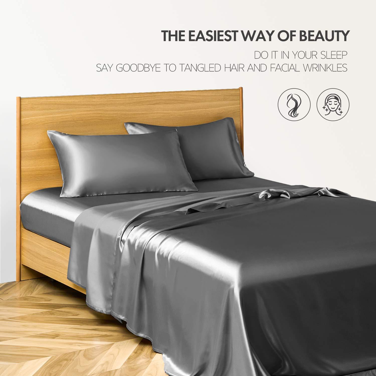 YASH BEDDING YASH BEDDING King Size 100% Pure Silk Satin Sheet Set 4pcs Silk Flat Sheet Silk Fitted Sheet 15\" Deep Pocket Mattress fit,& Pillowcases Cool Dark Gray Silk Sheets|Wrinkle Free Fade Resistant