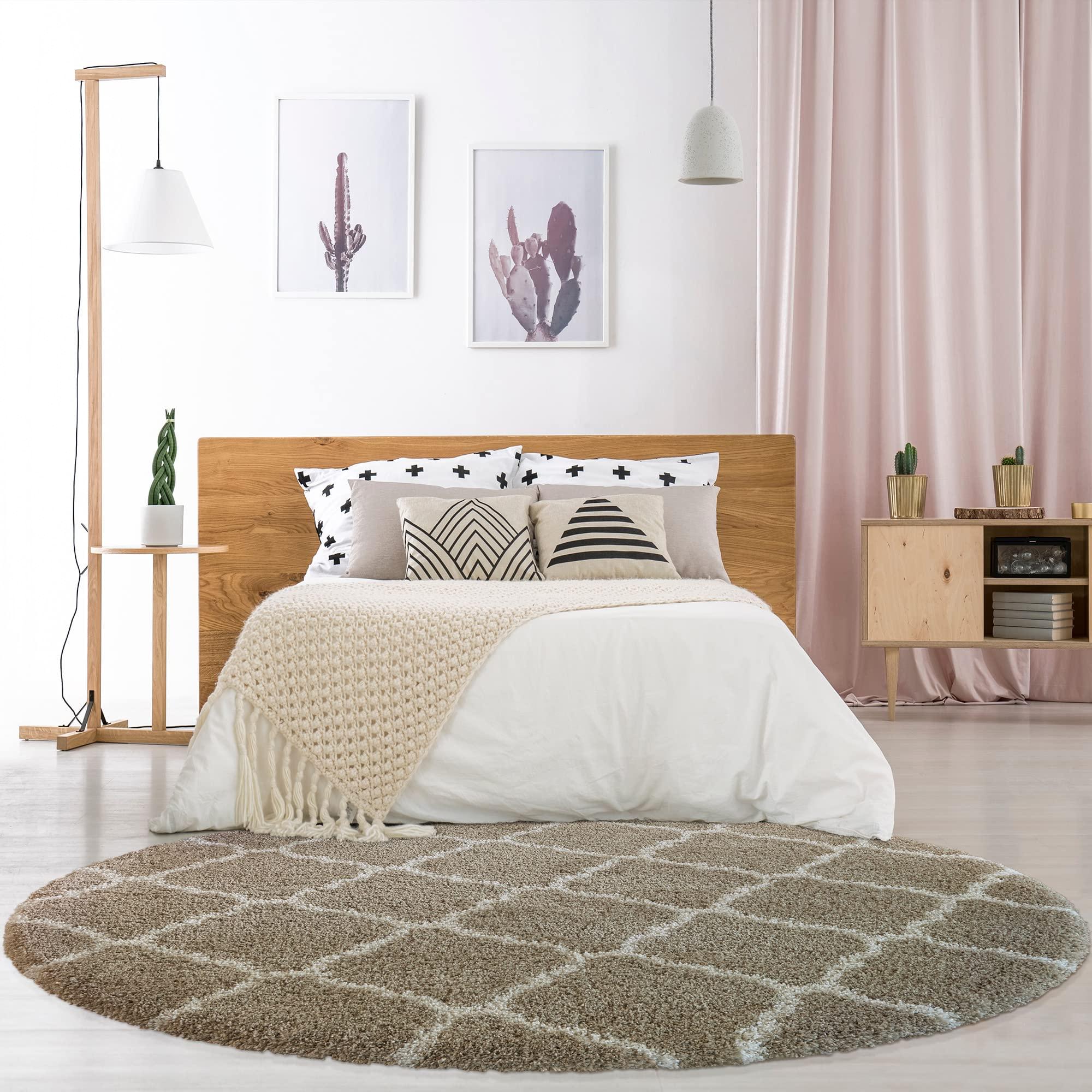 Gertmenian Gertmenian Indoor Premium Shag Area Rug - 8x8 Round, Super Plush & Non-Shedding, Ideal for Foyer, Living Room, Kitchen, Entryway, Bedroom - Geometric, Oatmeal Tan, 47351