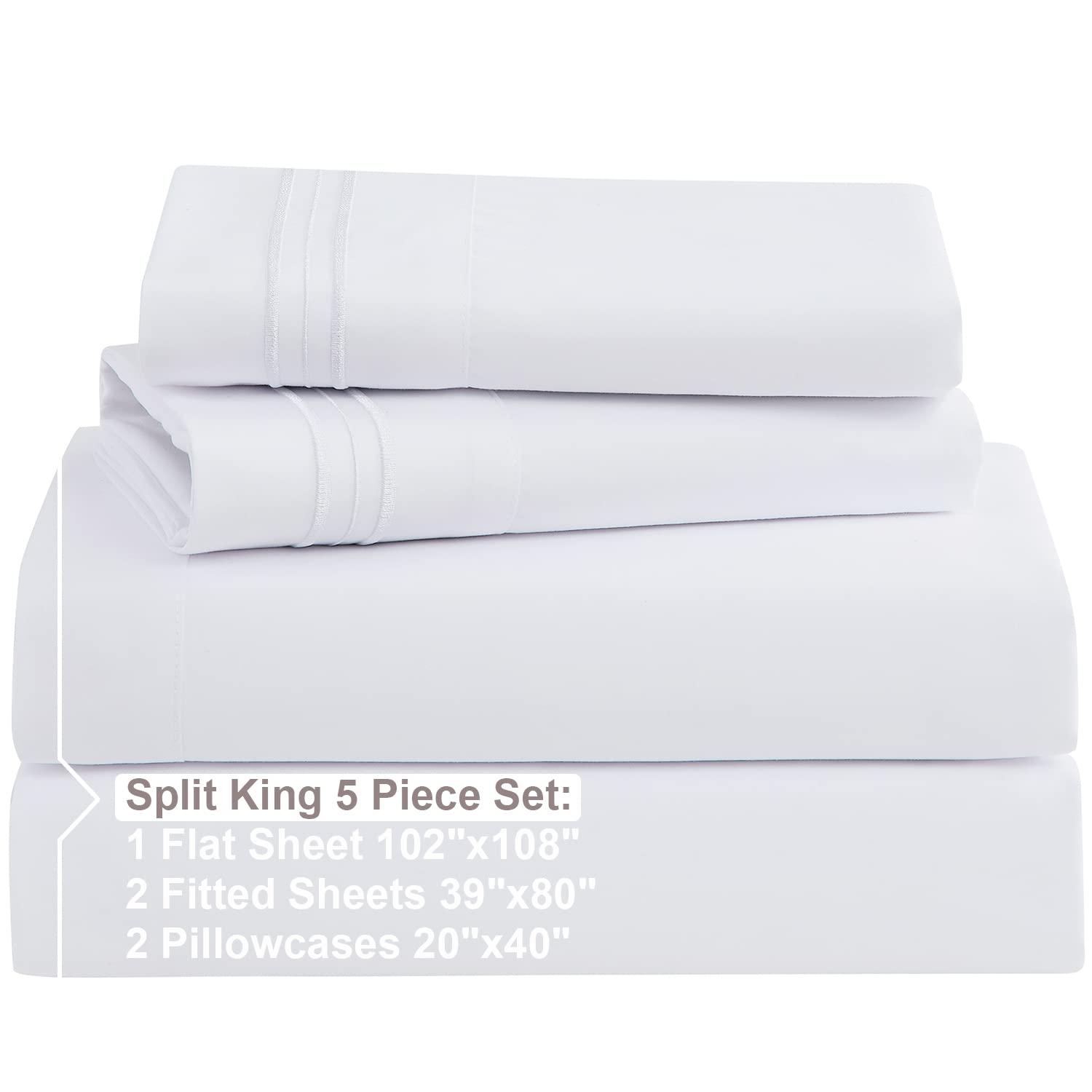 Nestl Nestl Split King Sheets for Adjustable Beds - 5 Piece Split King Sheets Set, Deep Pocket, Hotel Luxury, Extra Soft, Breathable and Cooling, White Split King Bed Sheets