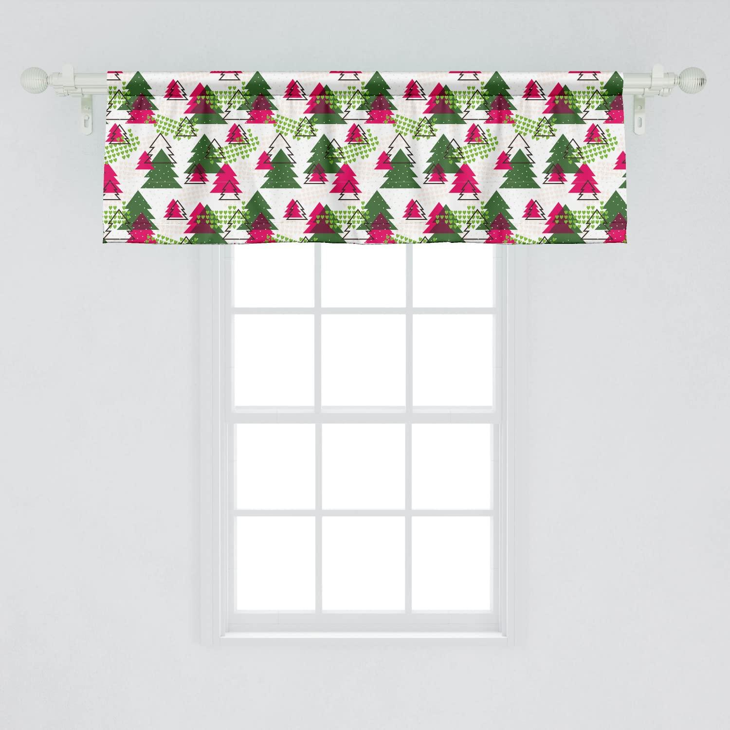 Ambesonne Ambesonne Christmas Tree Window Valance Pack of 2, Unusual Shapes Pattern with Tree Drawings Hearts and Triangles Holiday Vibe, Rod Pocket Curtain Valances for Kitchen Bedroom, 54\" X 18\", Green White