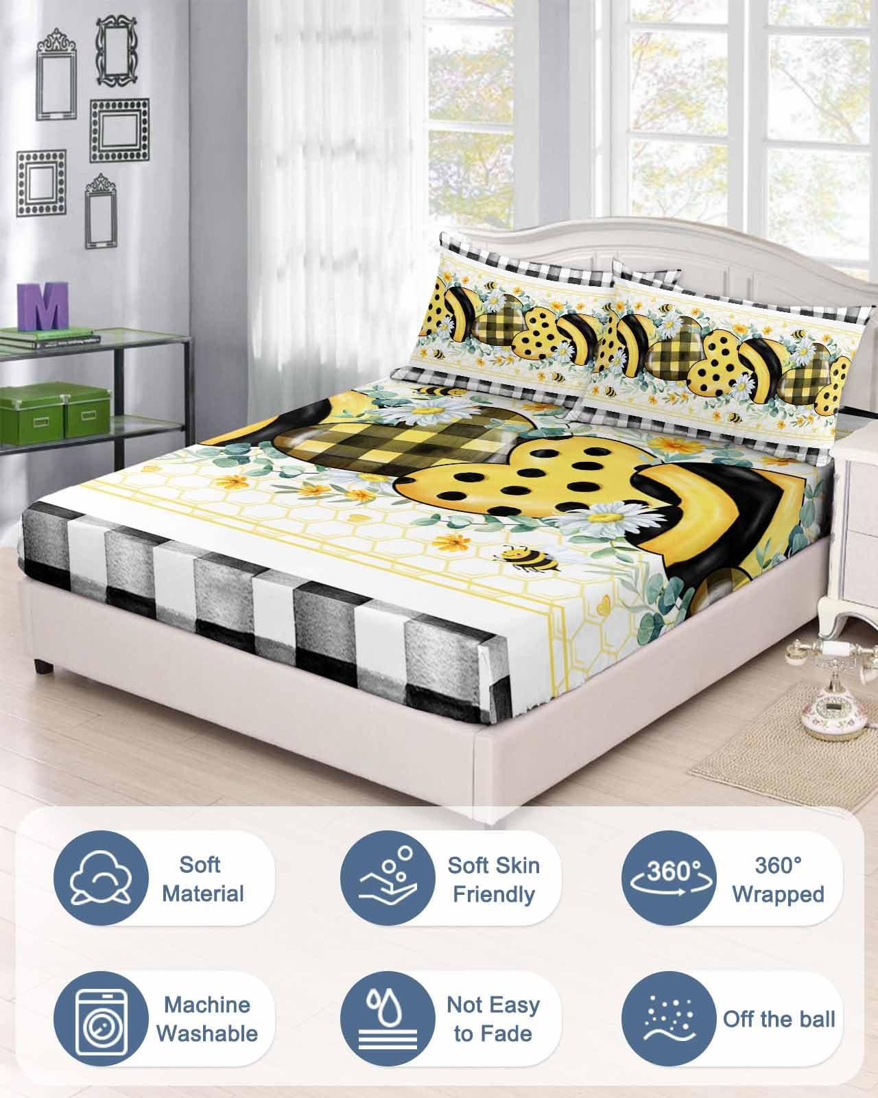 Alandar Home Cal King Fitted Bed Sheet Deep Pocket,Summer Daisy Bee Love Heart Eucalyptus Leaves Bedding Sheet Soft Brushed Microfiber Fitted Sheets,Black White Plaid Hotel Fitted Bottom Sheet with Pillowcase Set