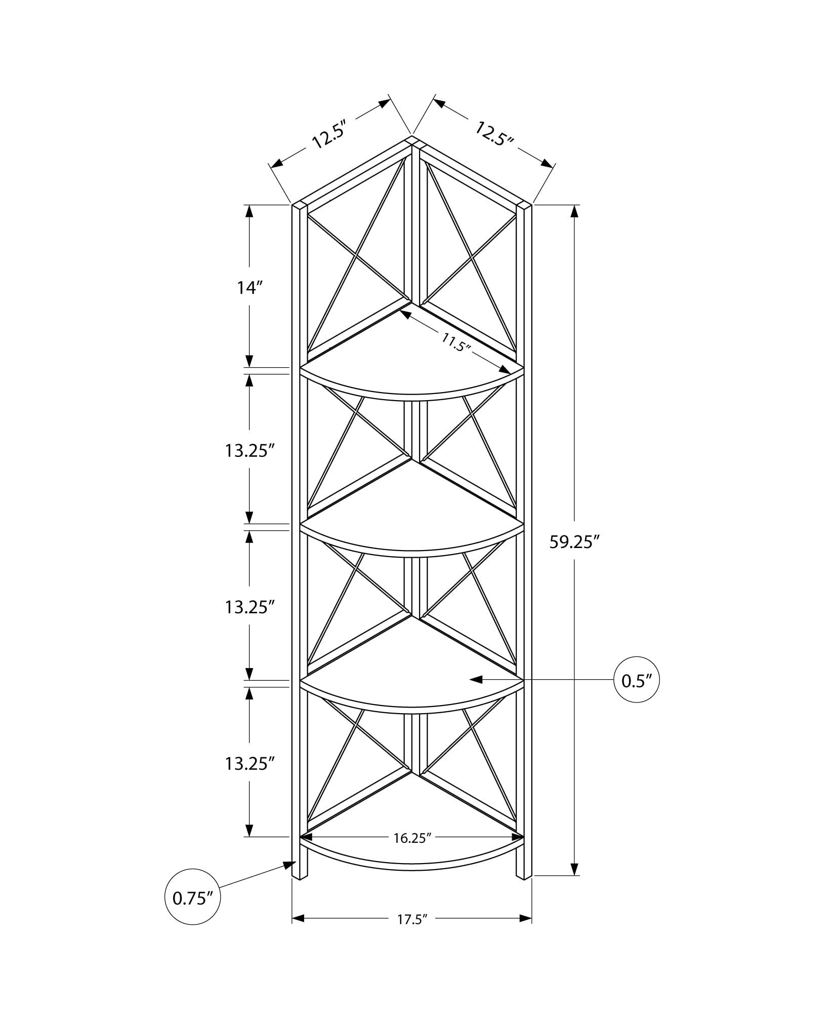 Monarch Specialties Monarch Specialties I 3646 Bookshelf, Bookcase, Etagere, Corner, 4 Tier, 60" H, Office, Bedroom, Metal, Laminate, Brown, Black, Contemporary, Modern
