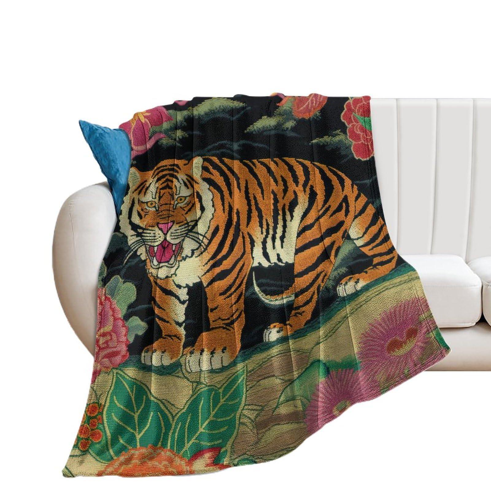 MangGou MangGou Oriental Toile Chinoiserie Flannel Blanket Animal Tiger Stripe Pink Floral Throw Blankets Colorful Flower Animal Print Tiger Throw Blanket for Bed Home Decoraive Warm Blankets 40x50in