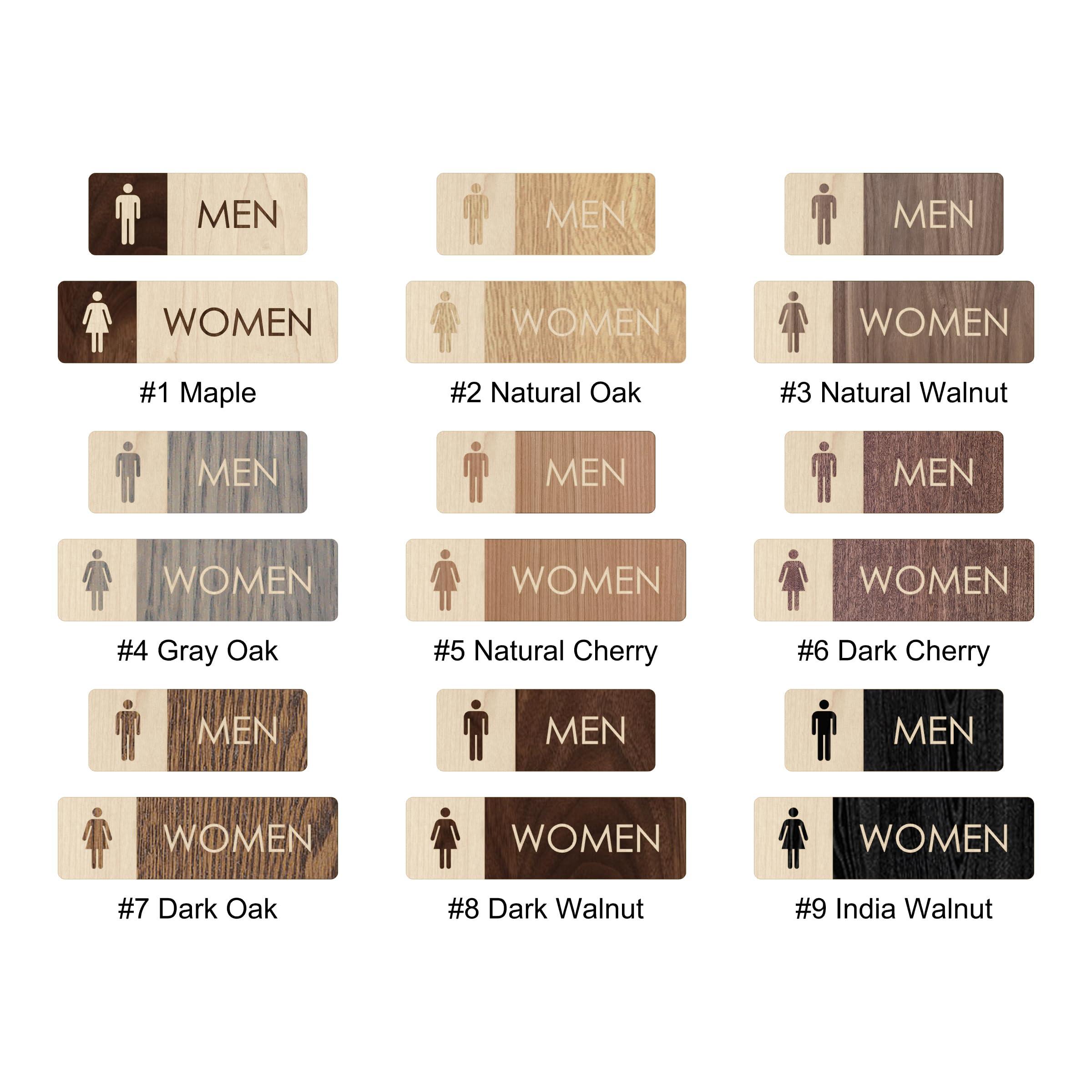 Gray Skunk Men & Women Restroom Sign Set - Modern Wood Bathroom Signage - Male & Female Set (India Walnut, without Braille)