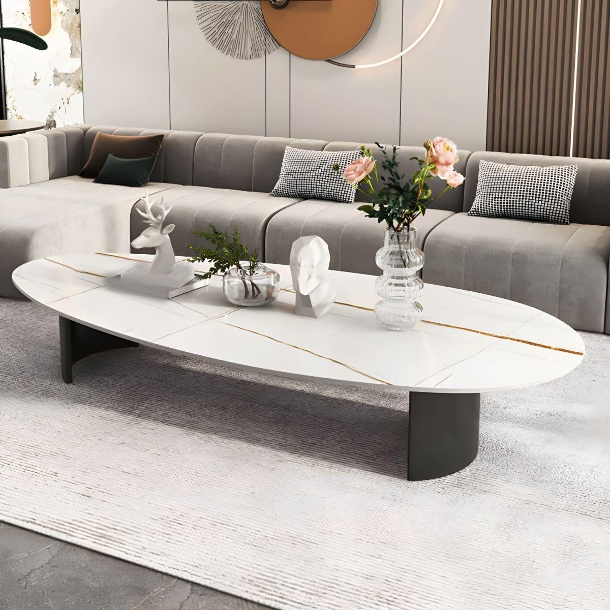 LAKIQ LAKIQ Modern Oval Coffee Table White Slate Stone Top Living Room Center Table with Double Pedestal Metal Base (Without Storage Drawers, Gloss White-55 L x 27.5\" W x 16\" H)