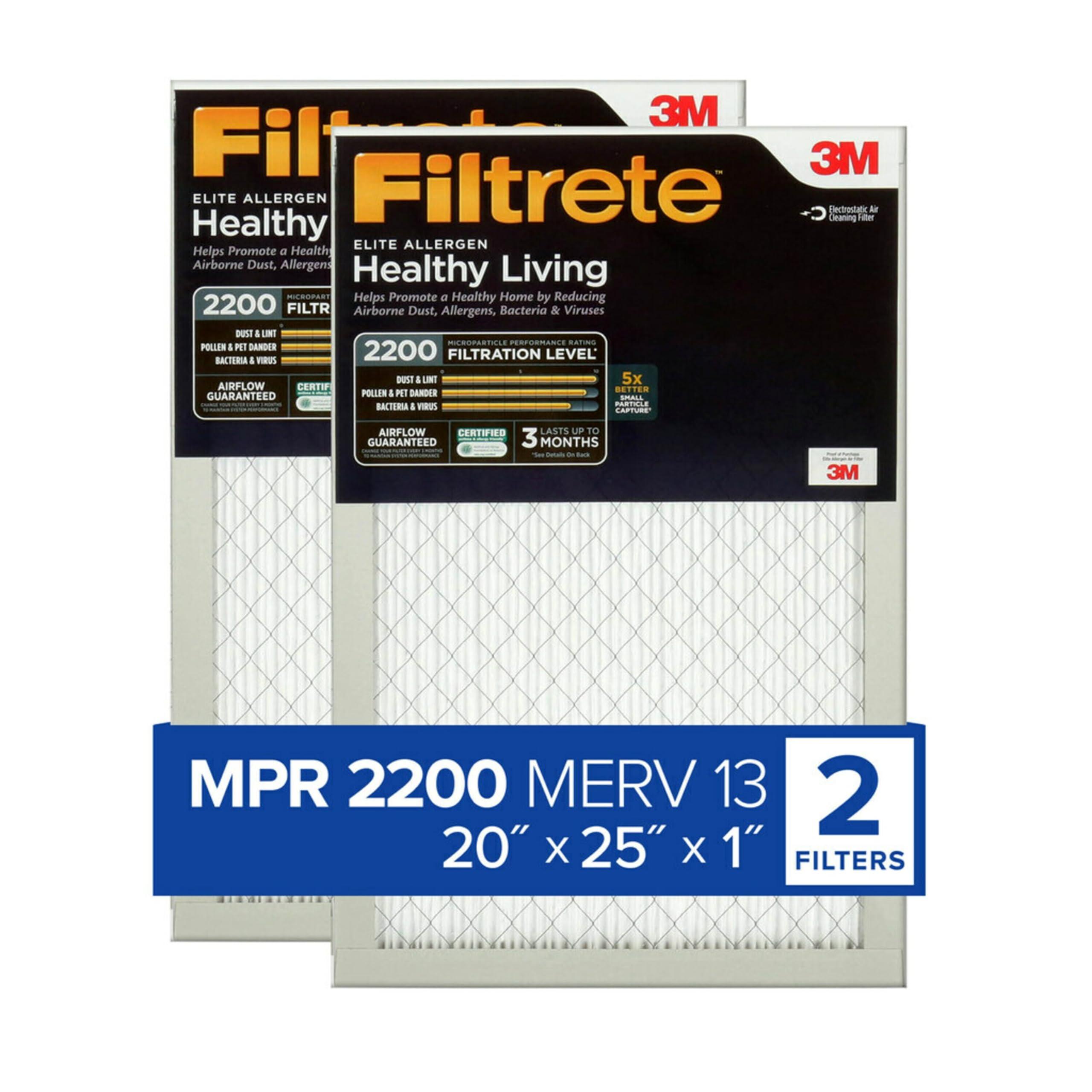 Filtrete Filtrete 20x25x1 AC Furnace Air Filter, MERV 13, MPR 2200, Elite Allergen, Bacteria & Virus Filter, 3-Month Pleated 1-Inch Electrostatic Air Cleaning Filter, 2-Pack (Actual Size 19.69x24.69x0.78 in)