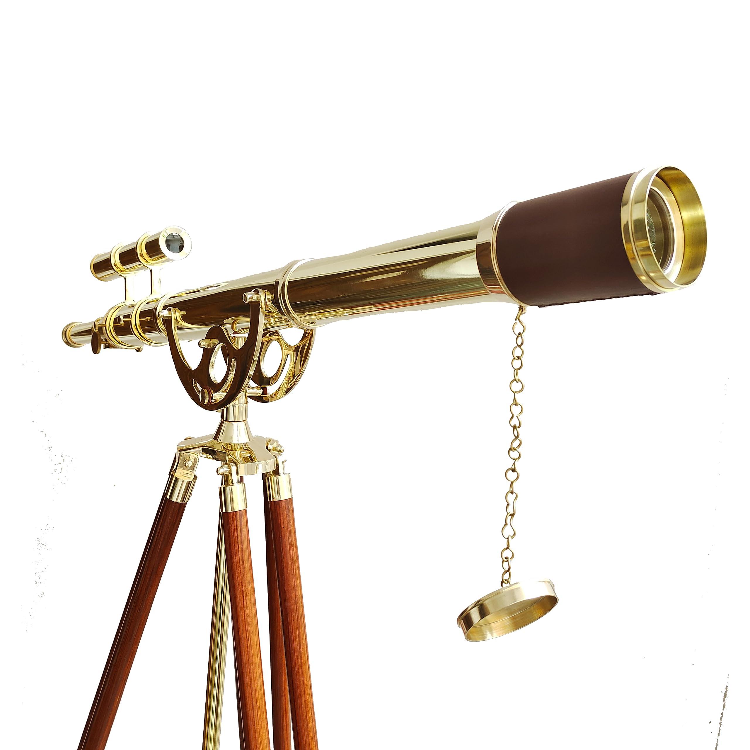 NAVIROCK Vintage Brass Telescope Nautical Shiny Brass Finish Latest Double Barrel Telescope Antique Floor Standing Adjustable Wooden Tripod Handicraft Marine Brown Leather