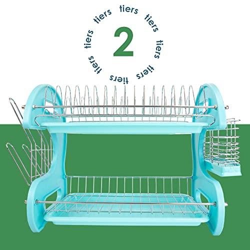 Home Basics Home Basics 2 Tier Dish Drainer (Turquoise) Dish Rack for Kitchen Counter, with Cutlery Holder and Cup Slots