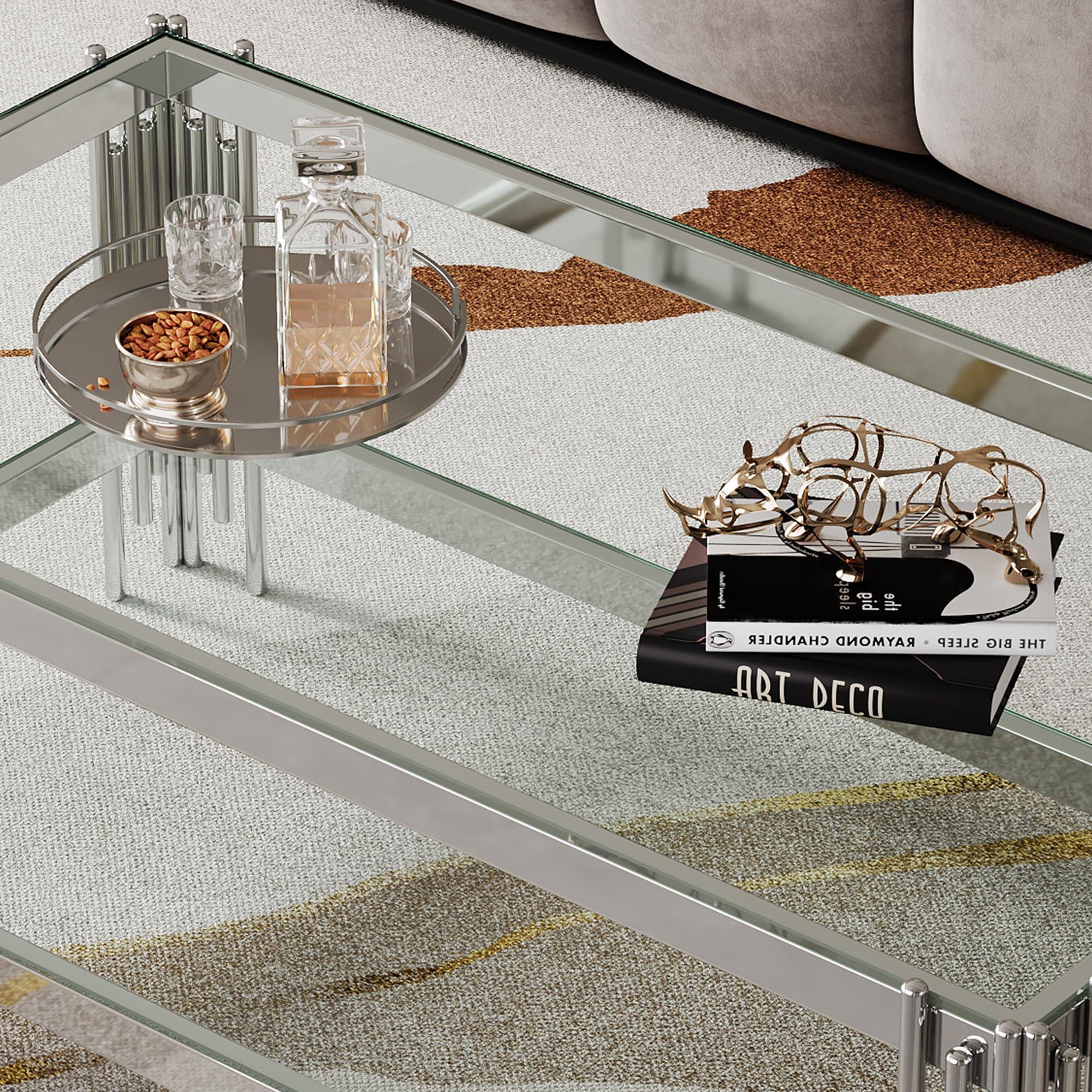 Henf 47.24" Glass Coffee Table, Luxury 2-Tier Center Coffee Table with Silver Stainless Steel Frame, Modern Rectangle Center Table Accent Cocktail Table with Low Storage Shelf for Living Room