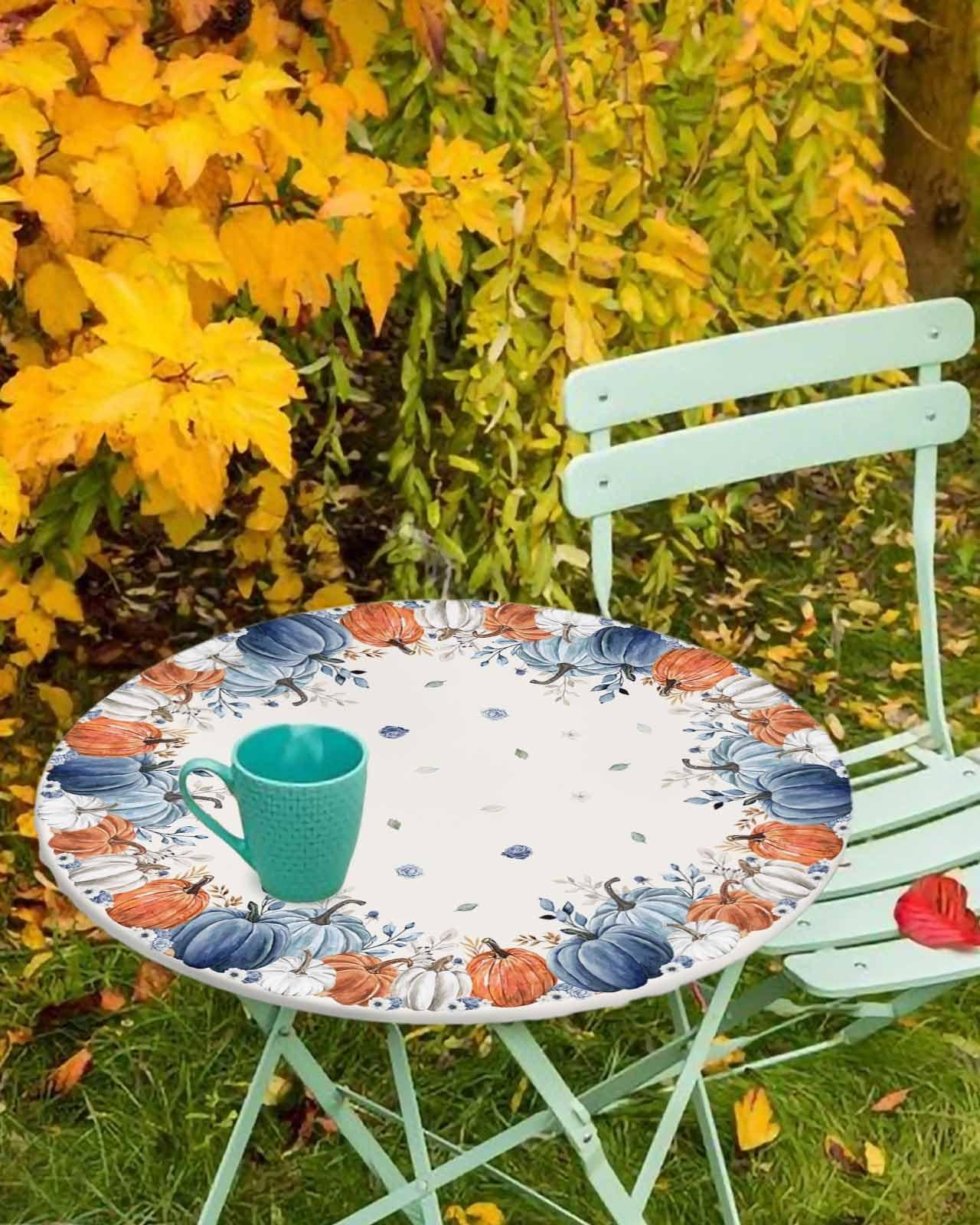 Chucoco Thanksgiving Round Table Cover with Elastic Edge,Fall Pumpkin Fitted Tablecloth for Round Tables,Autumn Farm Harvest Oil Proof Waterproof Table Cloth for Kitchen Party Holiday Outdoor Picnic 55-60in