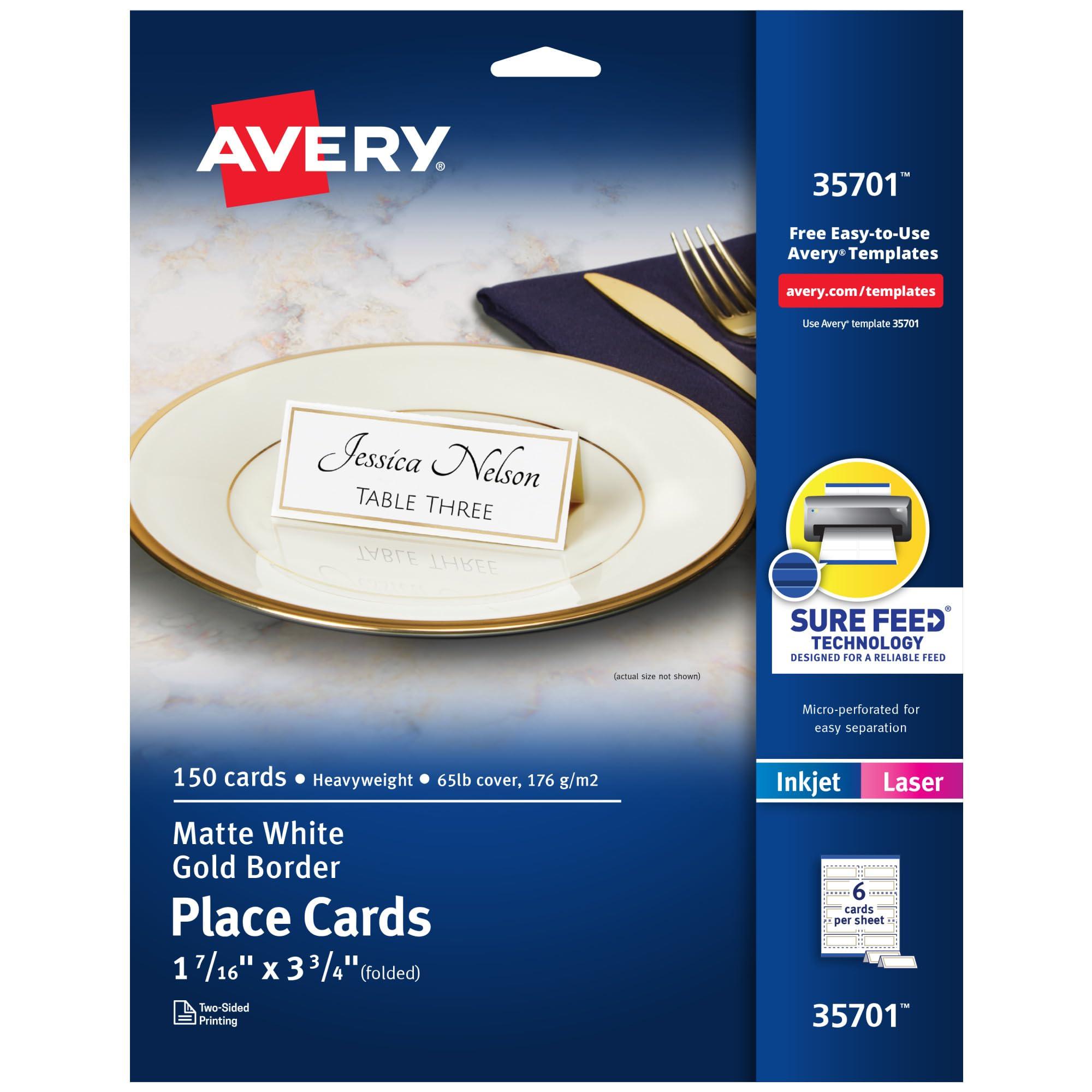 AVERY Avery Printable Place Cards with Sure Feed Technology, 1-7/16\" x 3-3/4\", White with Gold Border, 150 Blank Tent Cards for Laser or Inkjet Printers (35701)