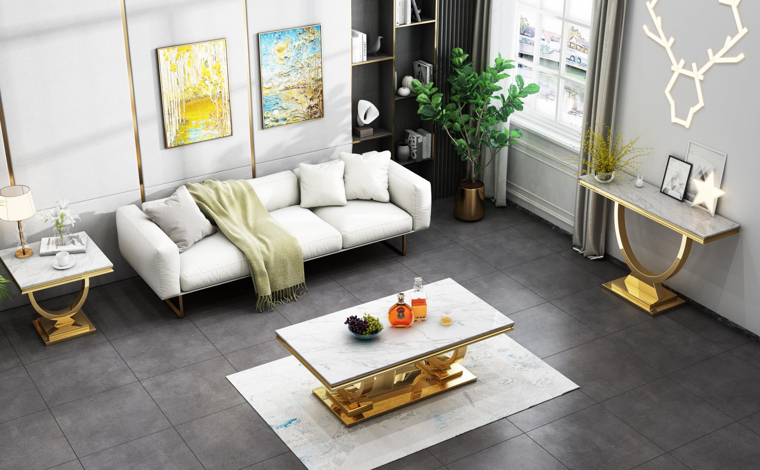 SSLine Marble Coffee Table Set of 2,2 Piece Coffee Table Sets for Living Room,Faux Marble Coffee Table and End Table with Wood Tabletop and Stainless Steel Frame (Gold2)