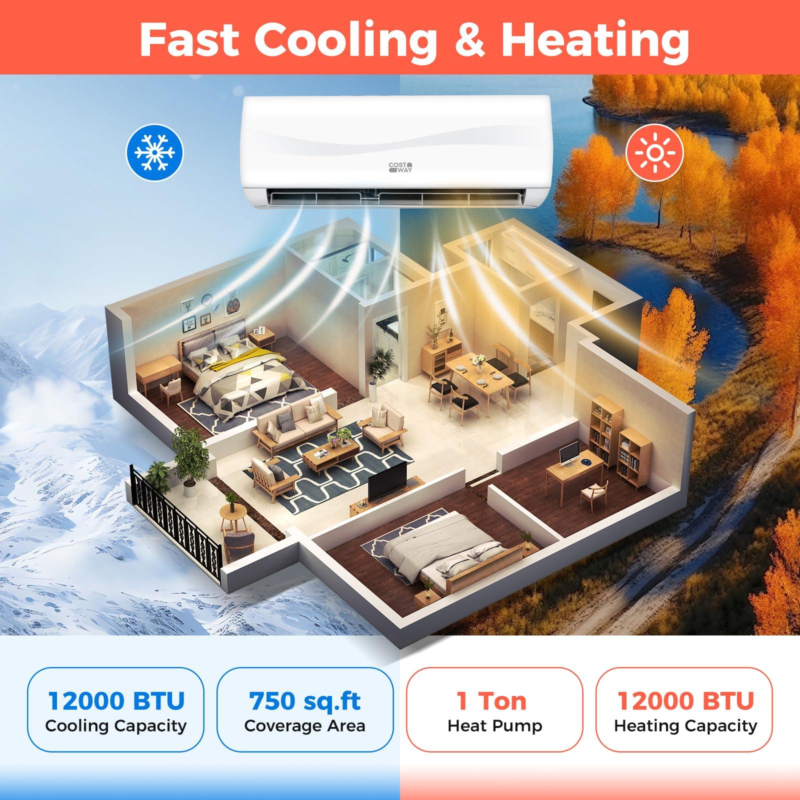 COSTWAY COSTWAY 12000BTU Mini Split Air Conditioner& Heater, 17 SEER2 208-230V Wall-Mounted Ductless AC Unit Cools Rooms up to 750 Sq. Ft, Energy Efficient Inverter AC w/Heat Pump (Blast Series)