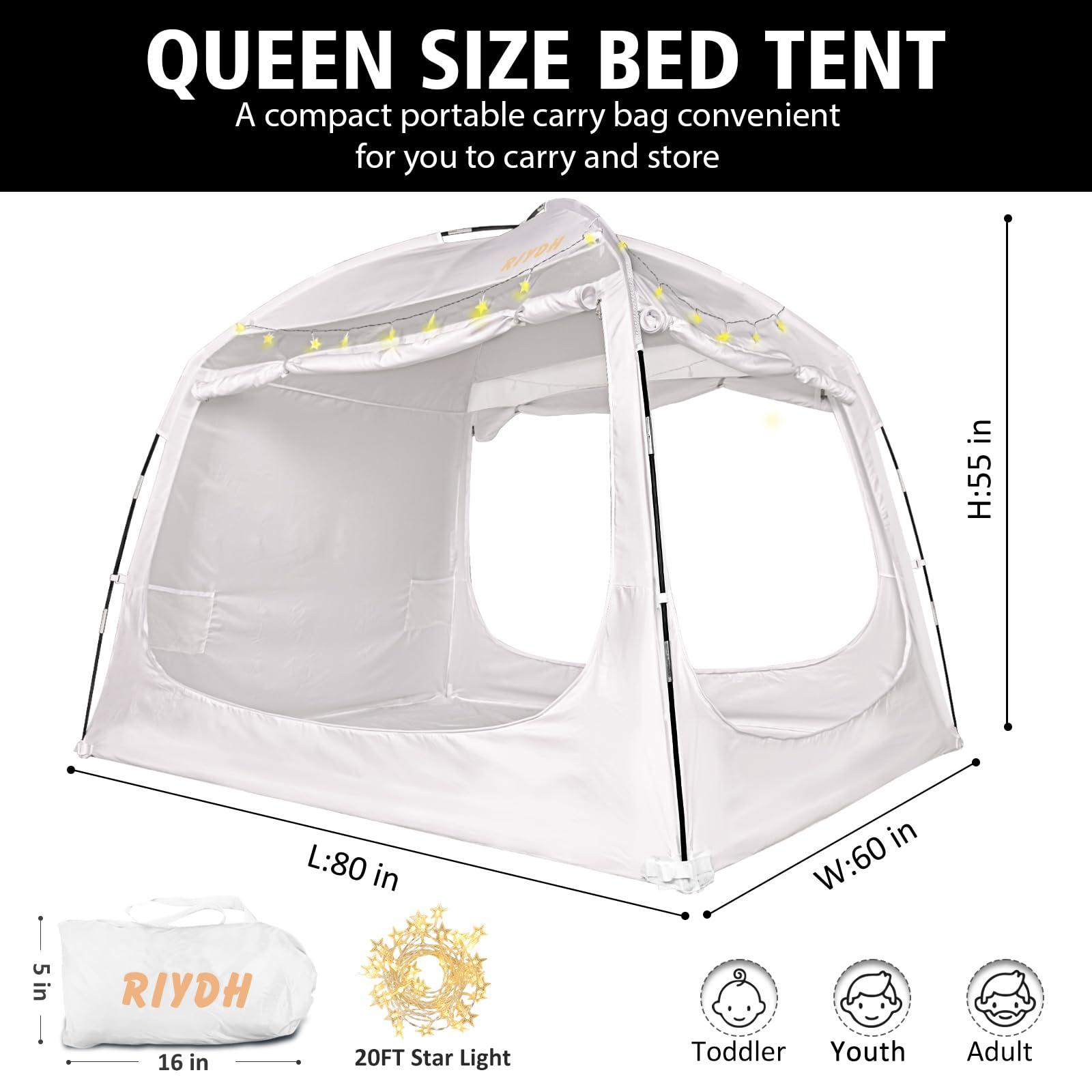 RIYDH RIYDH Bed Tent Bed Canopy Queen Size for Adult and Kids - Portable Sleeping Tents Indoor Dream Tents 70% Blackout with String Light 3 Doors Breathable Privacy Space Tents