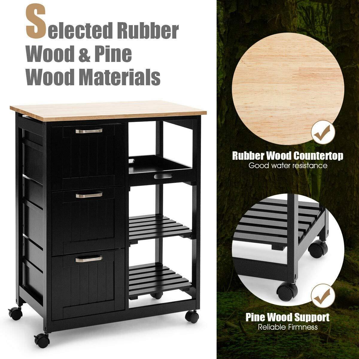 LHONE LHONE Rolling Kitchen Island Cart 3-Tier Industrial Wood Trolley Serving Cart Storage Cabinet Utility Cart on Wheels & Three Storage Drawers (Black)