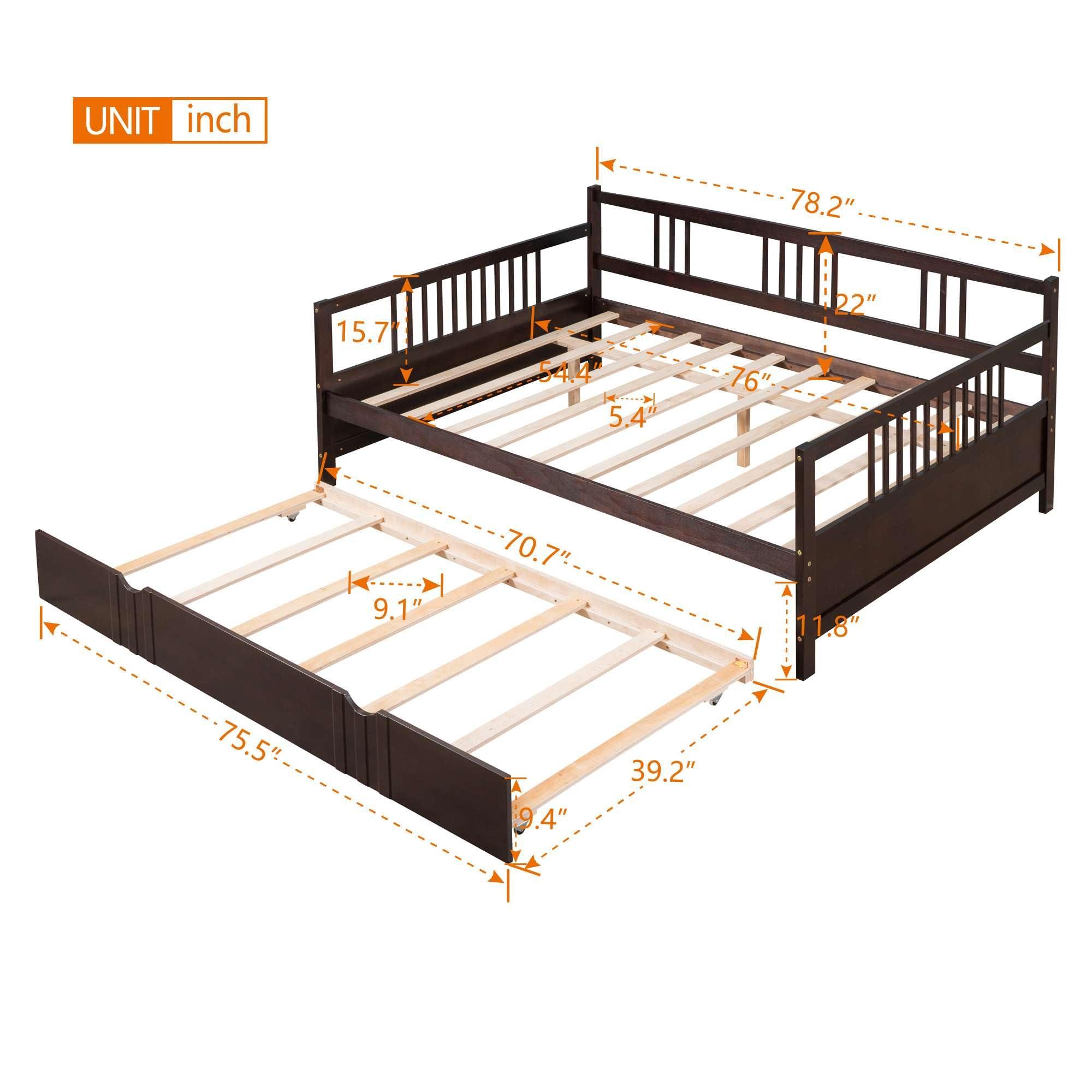 bedframe Full Size Daybed with Twin Size Trundle - Espresso Finish, Solid Wood Bed Frame, Space-Saving Design for Comfortable and Versatile Sleeping Options