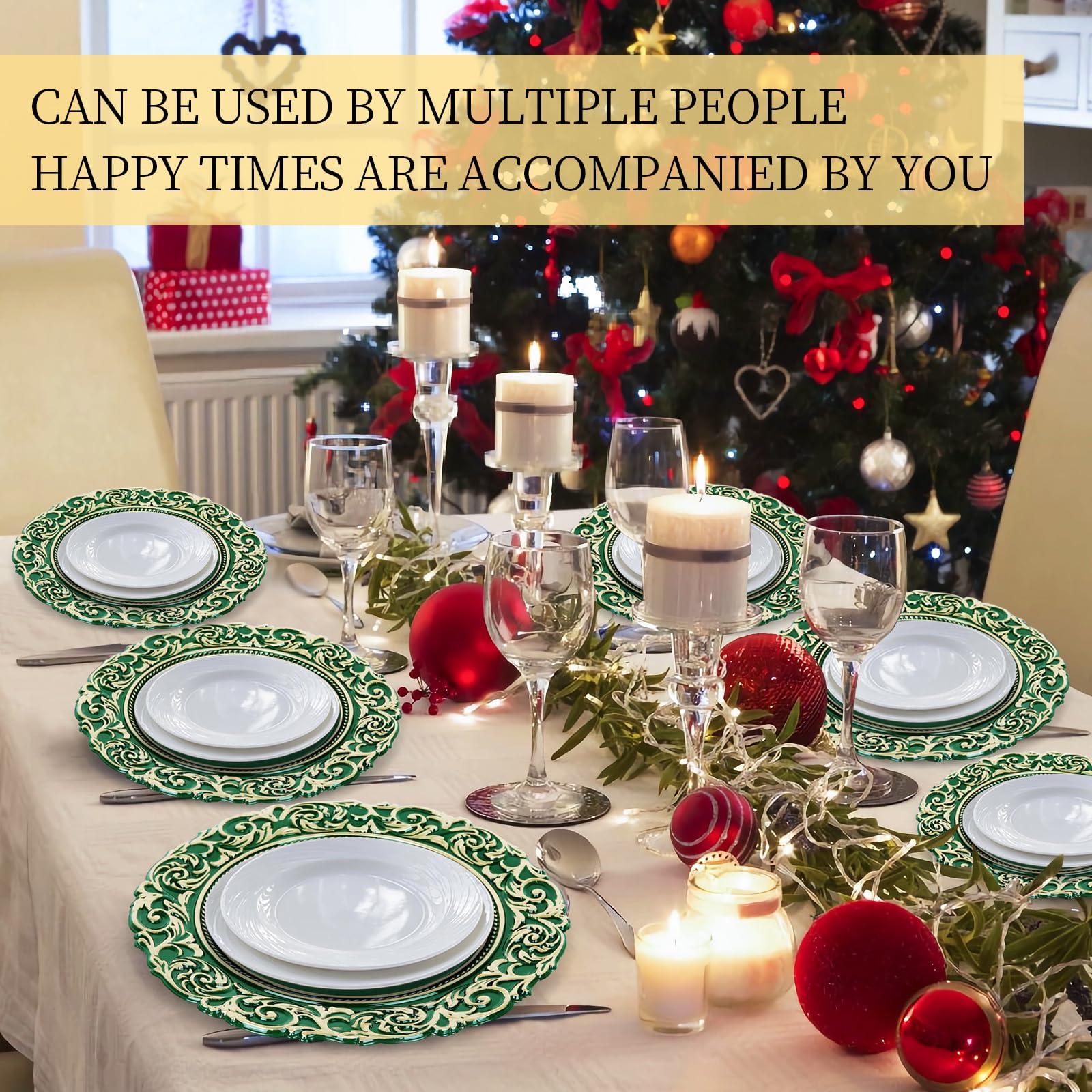 YXZHUOYU YXZHUOYU Antique Charger Plates, Set of 6 Plastic Embossed, Green Charger Plate, 13 Inch, Elegant Charger Plates, Plate Set, Decorative Chargers for Dinner Plates