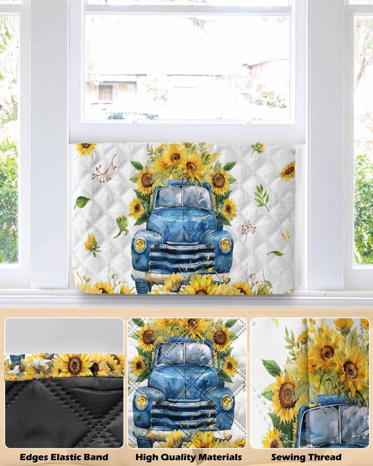 Falaniique Sunflower Indoor Air Conditioner Cover for Window Units, Double Insulation Adjustable Waterproof Indoor AC Cover with Elastic Straps 17'' x 13'' x 3.5'' Farmhouse Blue Truck Floral Modern White