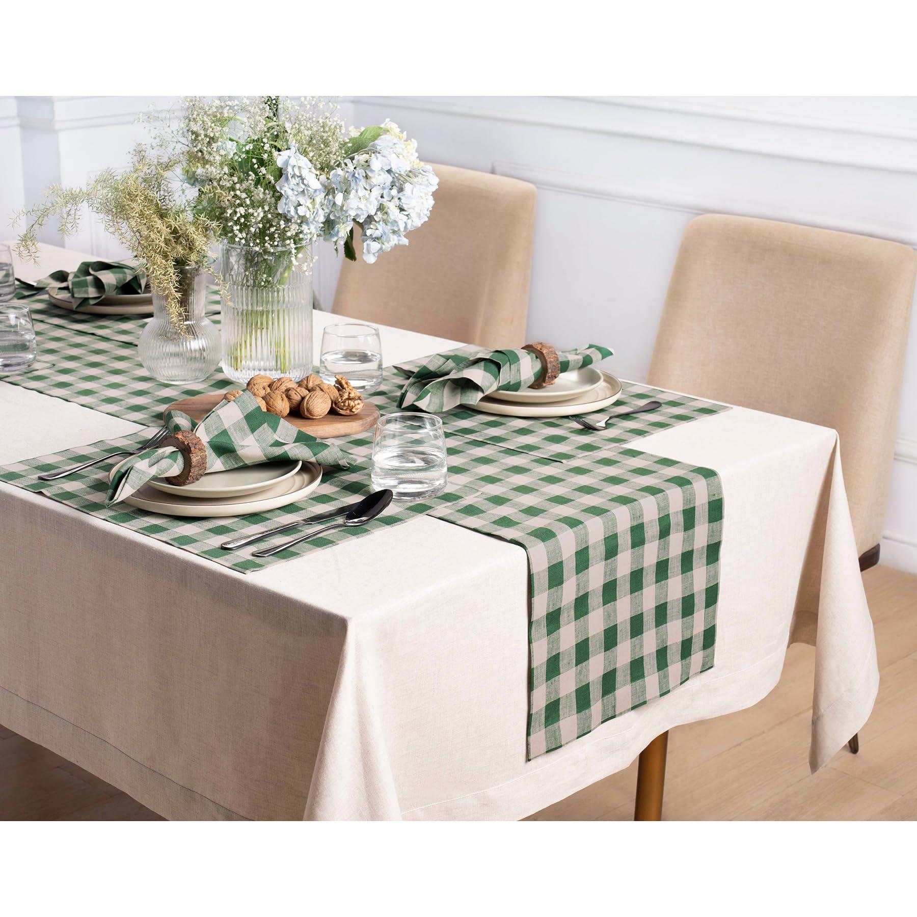 Solino Home Solino Home Linen Buffalo Check Table Runner 72 inches Long 100% Pure Linen Green and Natural Plaid Table Runner 14 x 72 Inch Farmhouse Table Runner, Morgan Check