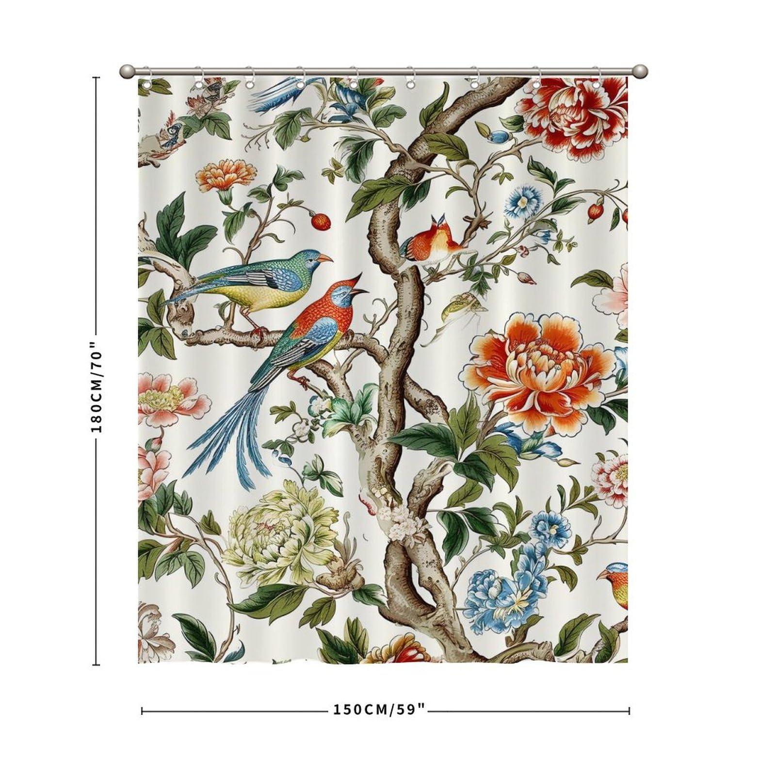 MangGou MangGou Asian Scenic Chic Chinoiserie Shower Curtain 60x72inch Bird in Peony Tree Coral Flower Polyester Bath Curtain with Hooks Red Peony Flower Animal Bird Waterproof Bathroom Shower Curtain