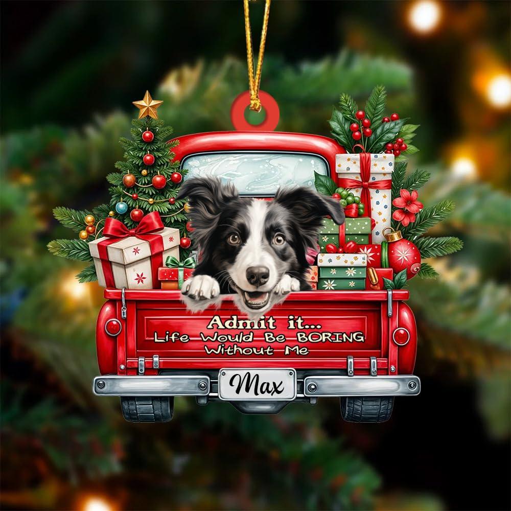 FAMITRENDZ FAMITRENDZ Personalized Border Collie Dog On Red Truck Ornament, Custom 2D Flat Shape Border Collie Dog Name Ornament, Dog Christmas Ornament, Dog Lover Gift, Christmas Tree Decor