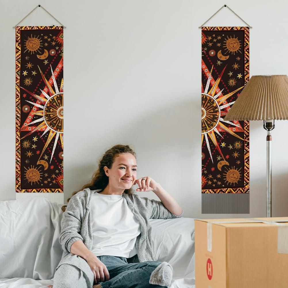 AHANDMAKER AHANDMAKER 2Pcs Burning Sun Tapestry, Star Sun and Moon Long Vertical Tapestry Wall Hanging, Celestial Sun Tassel Wall Tapestry Mystic Aesthetic Tapestry for Bedroom and Living Room(45.7x13 Inch)