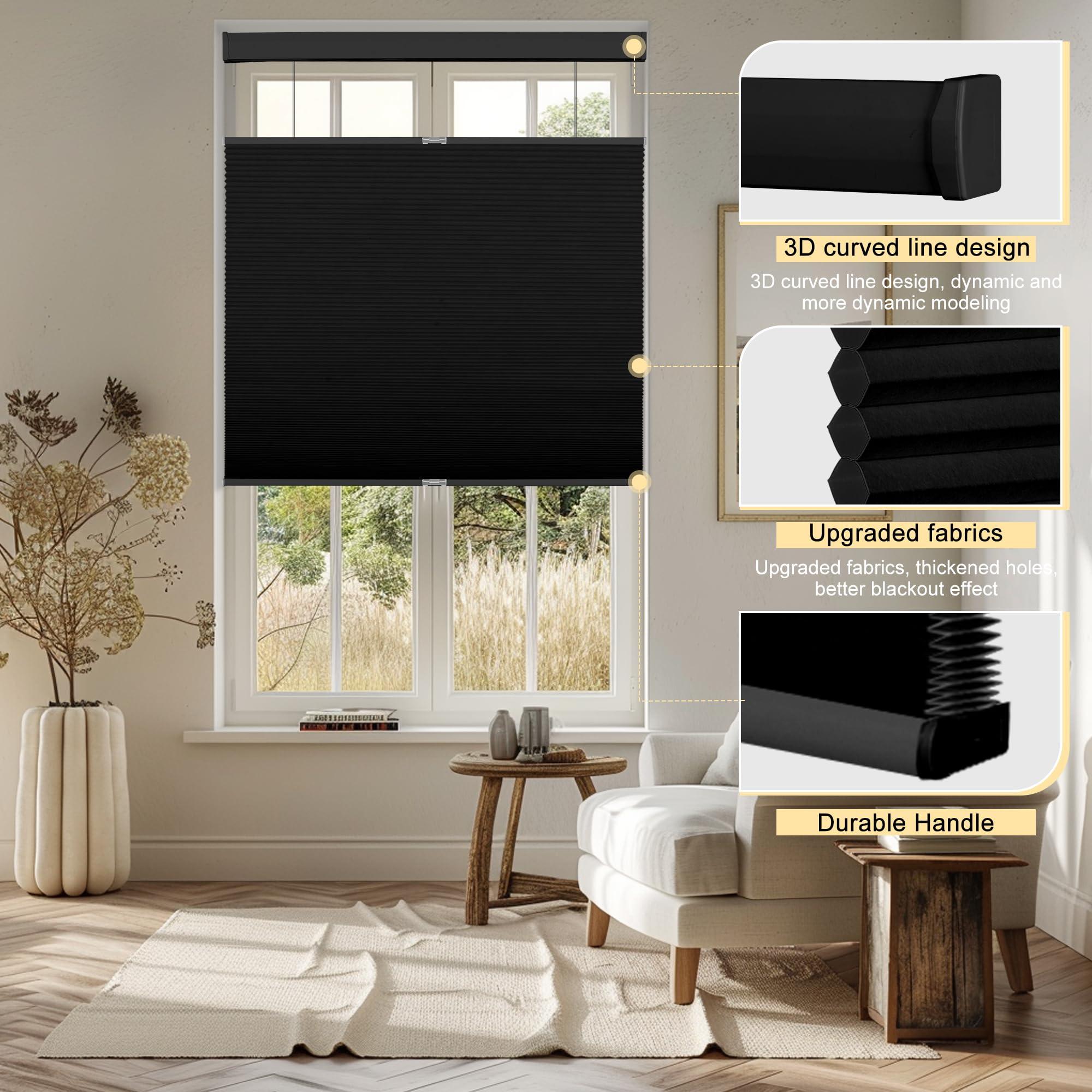 BERISSA BERISSA Top Down Bottom Up Cordless Cellular Shades Pull Down Blackout Room Darkening Window Shades Honeycomb Blinds for Windows and Skylights,Black,77" W x 56" H