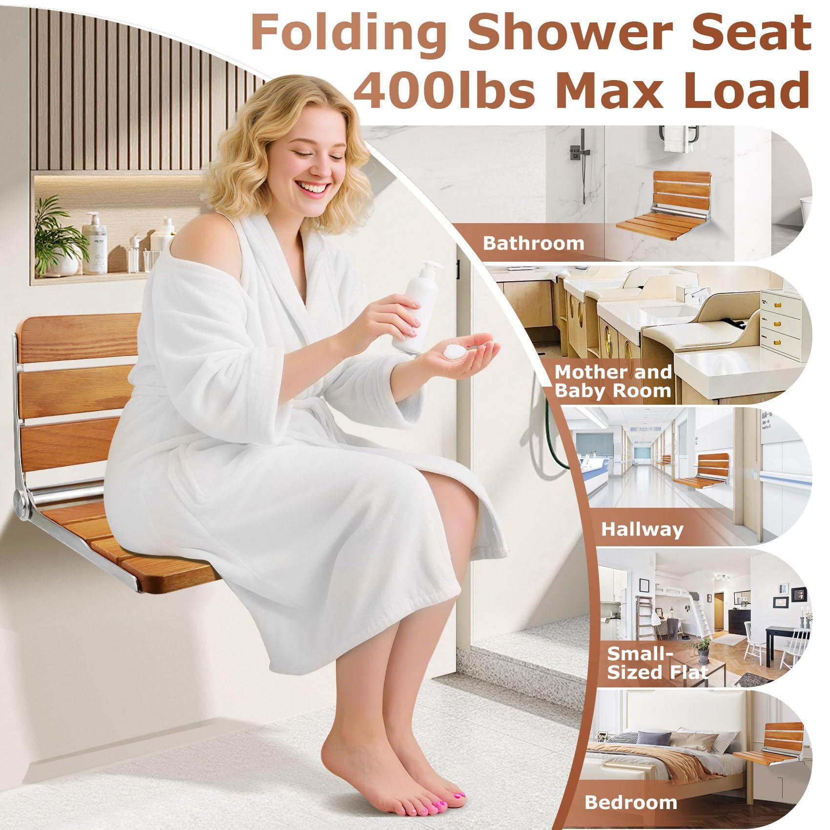Flngr Folding Teak Shower Seat Wall Mounted,Fold Down Shower Seat,Foldable Shower Bench,Home Care Teak Shower Seat Bench for Inside Shower,Folding Shower Seat Bench,Wall Mount Shower Seat for Christmas