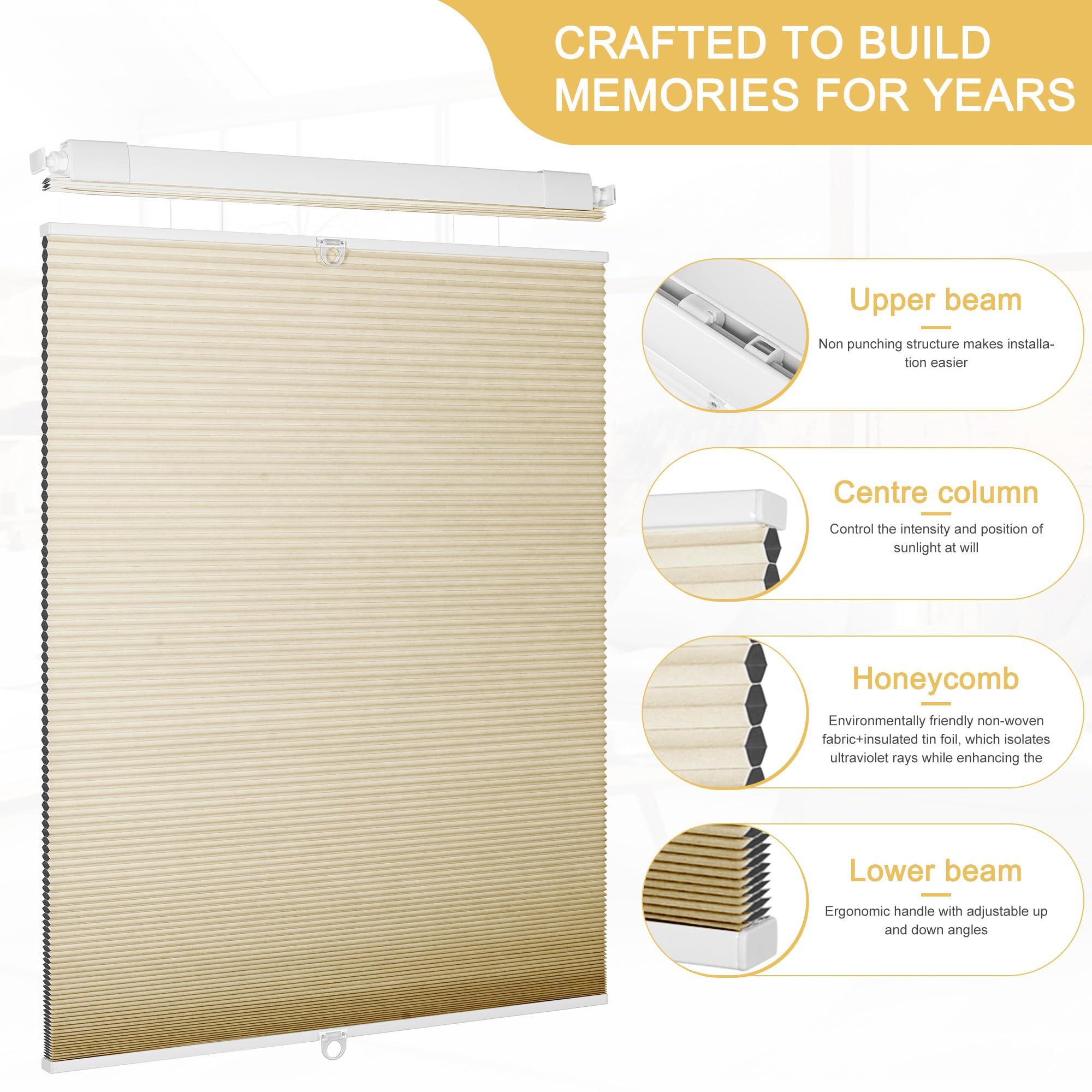 Doing-X Doing-X Cordless Cellular Shades Blackout Top Down Bottom Up No Tool No Drill Honeycomb Cellular Window Blinds Room Darkening French Door Blinds for Kitchen Living Room Office,Beige,32" W x 64" H