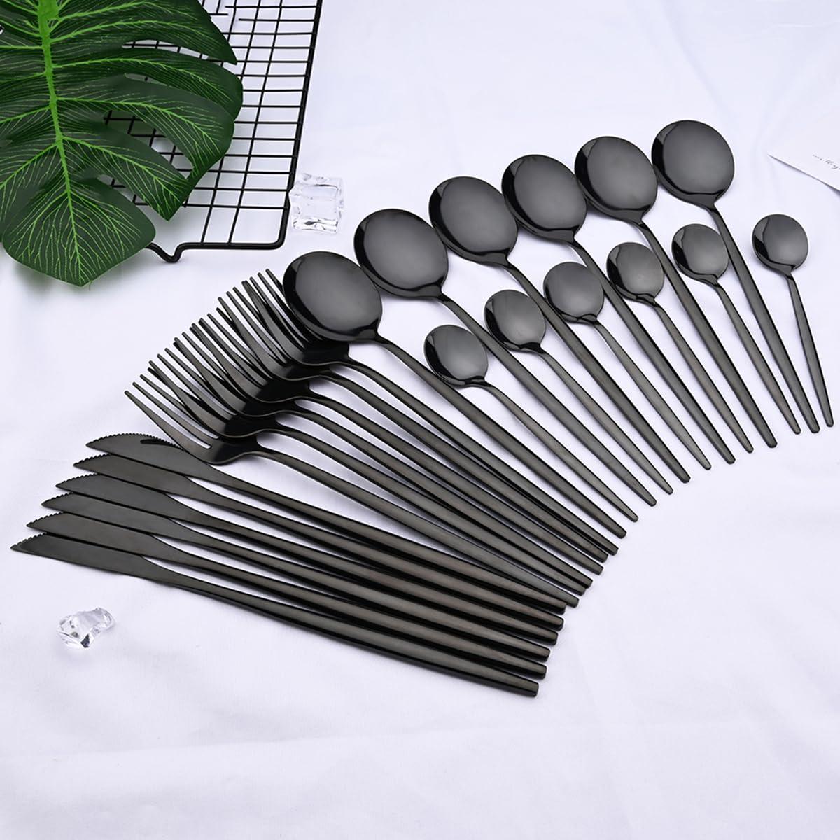 BRIIEC 24pcs Black Dinnerware Flatware Set BRIIEC Stainless Steel Cutlery Set Fork Knife Spoon Tableware Set Silverware Set Service for 6 Mirror Polished, Dishwasher Safe