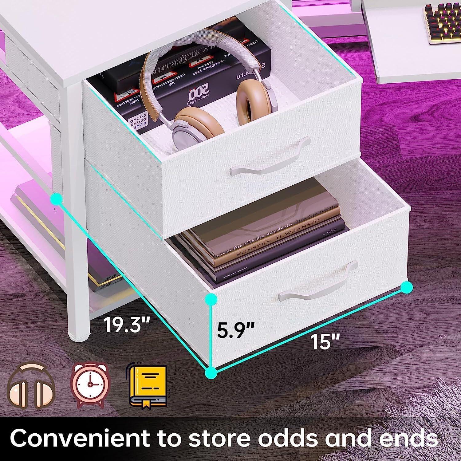 Thaweesuk Shop Thaweesuk Shop New Modern White 79 Inches U Shaped Gaming Computer Desk 2 Fabric Drawers LED Lights Monitor Stand Shelf Shelves Storage File Drawer Power Outlet Light Outlets Table Home Office Wood