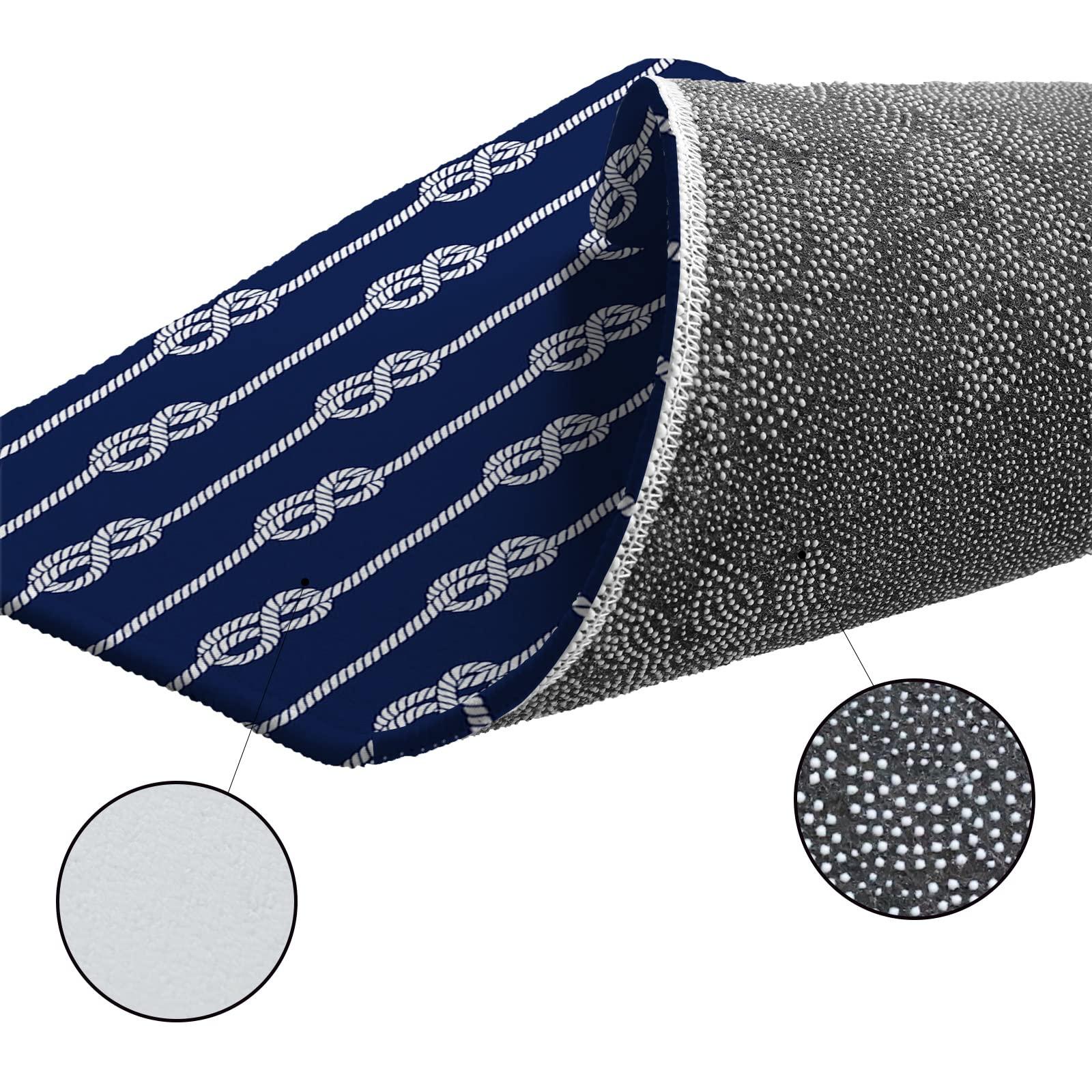 BOBOWUNY Nautical Knot Kitchen Mats and Rugs Set of 2, Ocean Beach Sailboat Navy Blue Washable Absorbent Kitchen Runner Rug Carpet Anti-Fatigue Comfort Mat for Bathroom Laundry 20x32+20x63