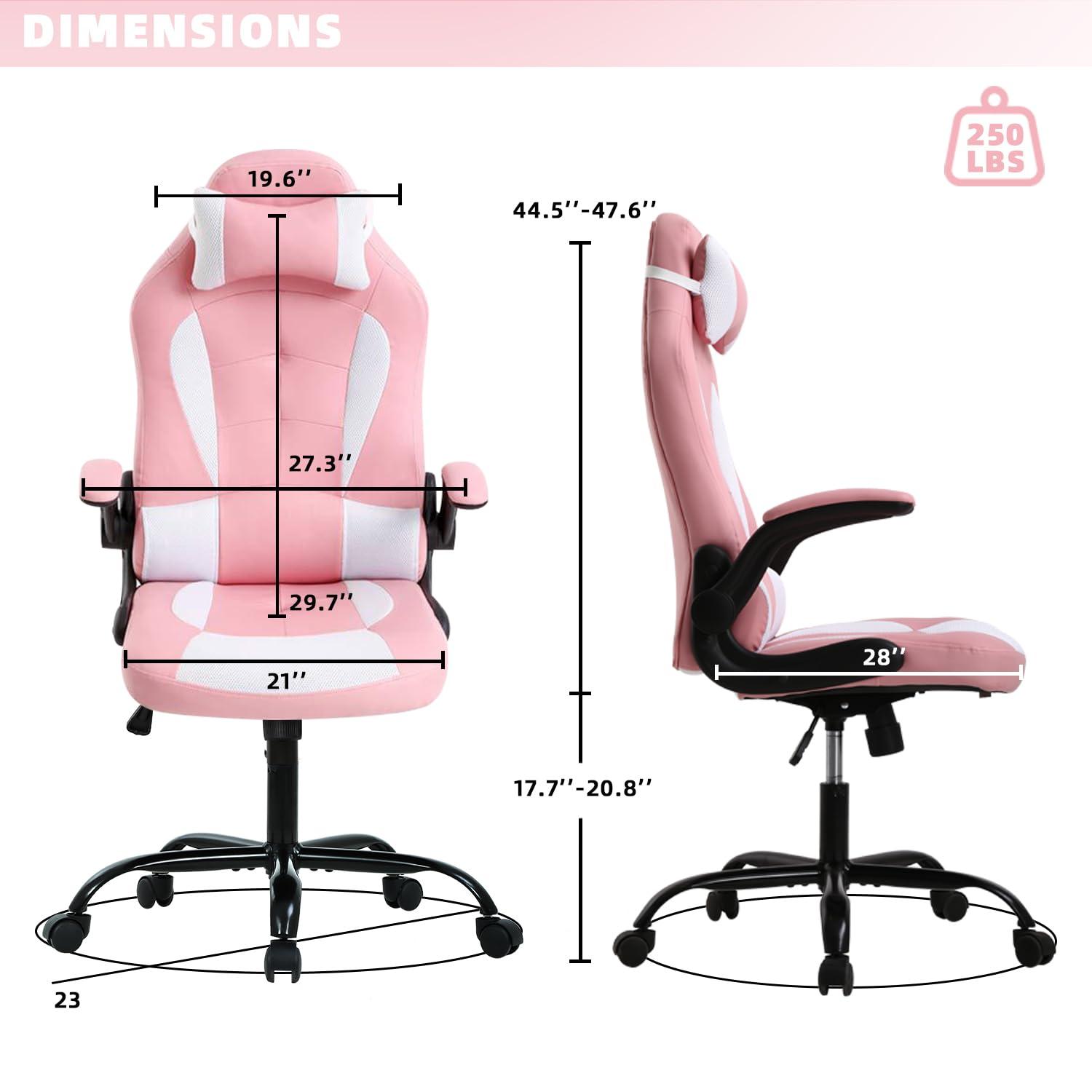 MKDLUFEI Pink Gaming Chair, Gaming Chairs for Adults, Game Chair with Flip Up Arms, Small Gaming Chair with Lumbar Support and Headrest, Comfortable Desk Chair for Adults Teens Kids Men Women, Max 250 LBS