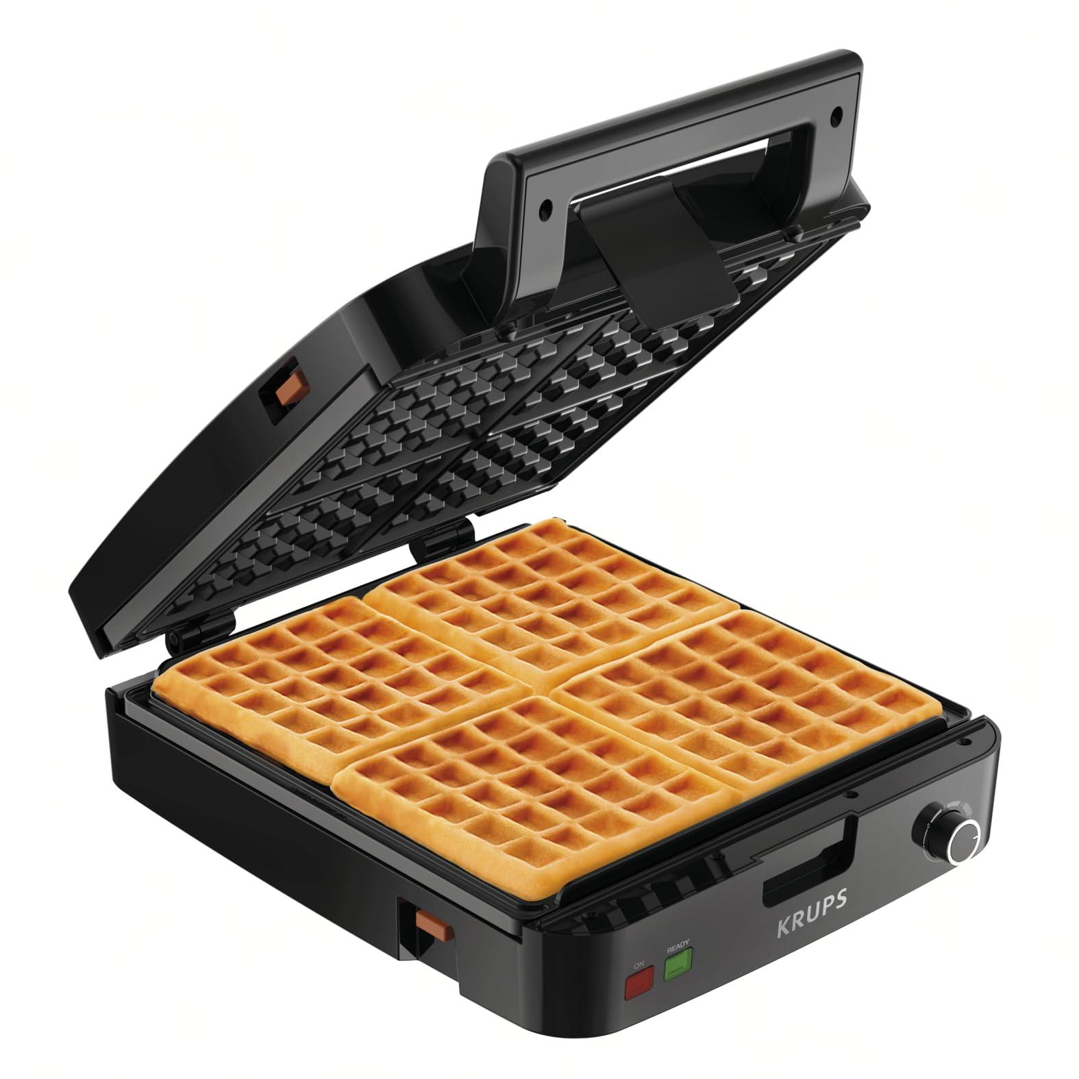 KRUPS KRUPS 4-Slice Belgian Waffle Maker: Stainless Steel, 5 Browning Levels, Audible Ready Beep, Removable Plates, 1200W, Silver/Black - Perfect for Family Breakfasts