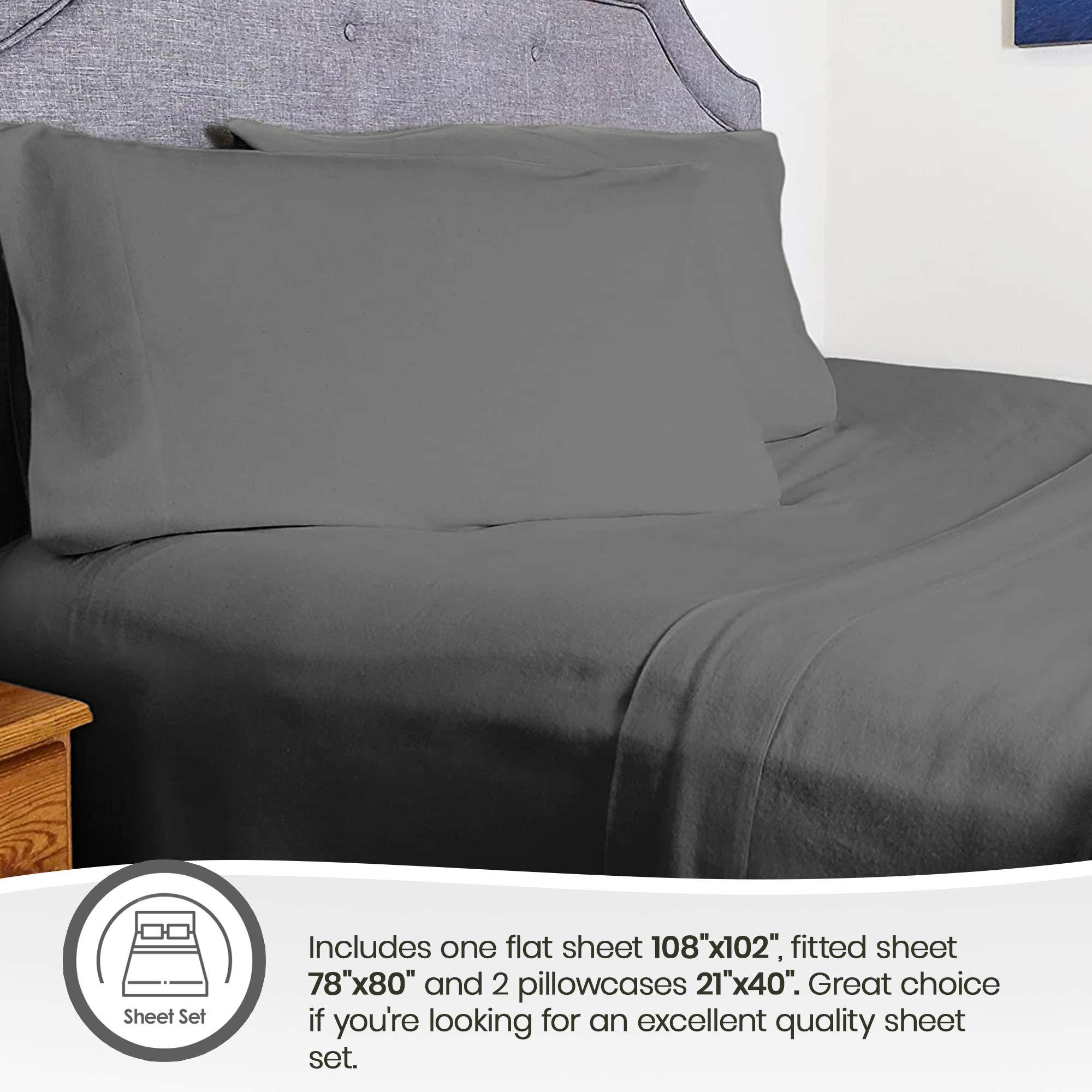 Whisper Organics 100% Organic Flannel Sheets King Size - GOTS Certified 100% Cotton Flannel Sheets Set with Comfortable Soft Brushed Finish & Deep Pocket - 1 Flat 1 Fitted & 2 Pillowcases (Dark Gray, King)