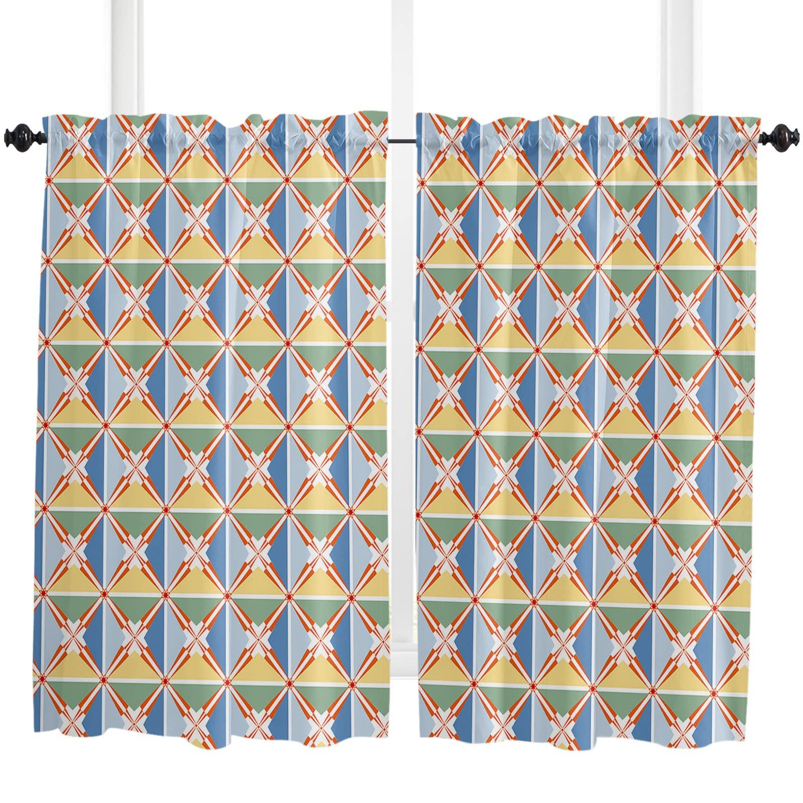 Wowouhiya Kitchen Curtains 54 Inch Length, Blue Teal Yellow Plaid Farmhouse Curtains & Drapes, Modern Red Geometric Checkered Art Rod Pocket Window Curtains for Living Room/Bedroom/Bathroom, 42" x 54", 2 Panels