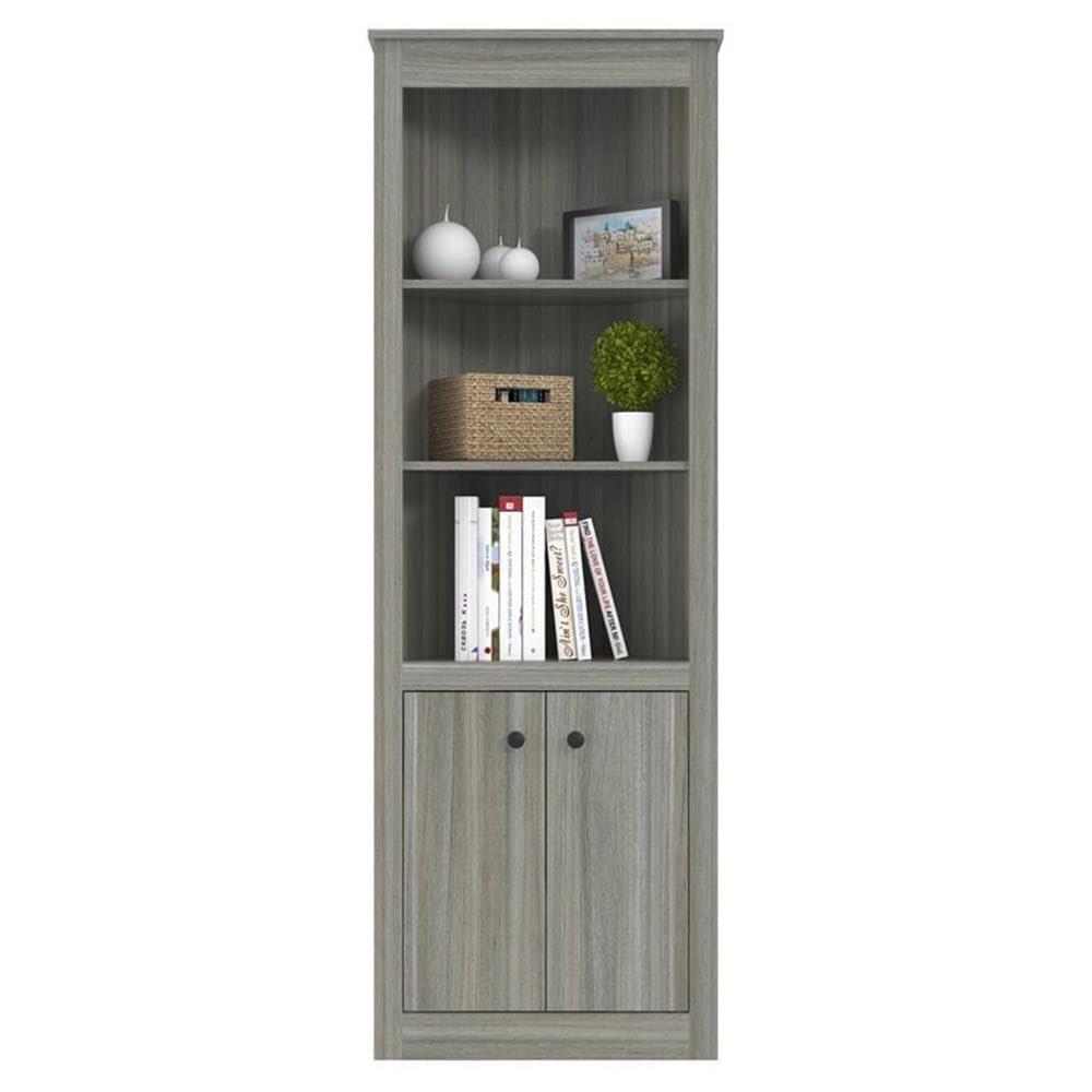 Inval Inval Space-Saving Design, Gray Smoke Oak Corner Bookshelf with 3 Open 2 Concealed Shelves, Modern Wood Bookcase