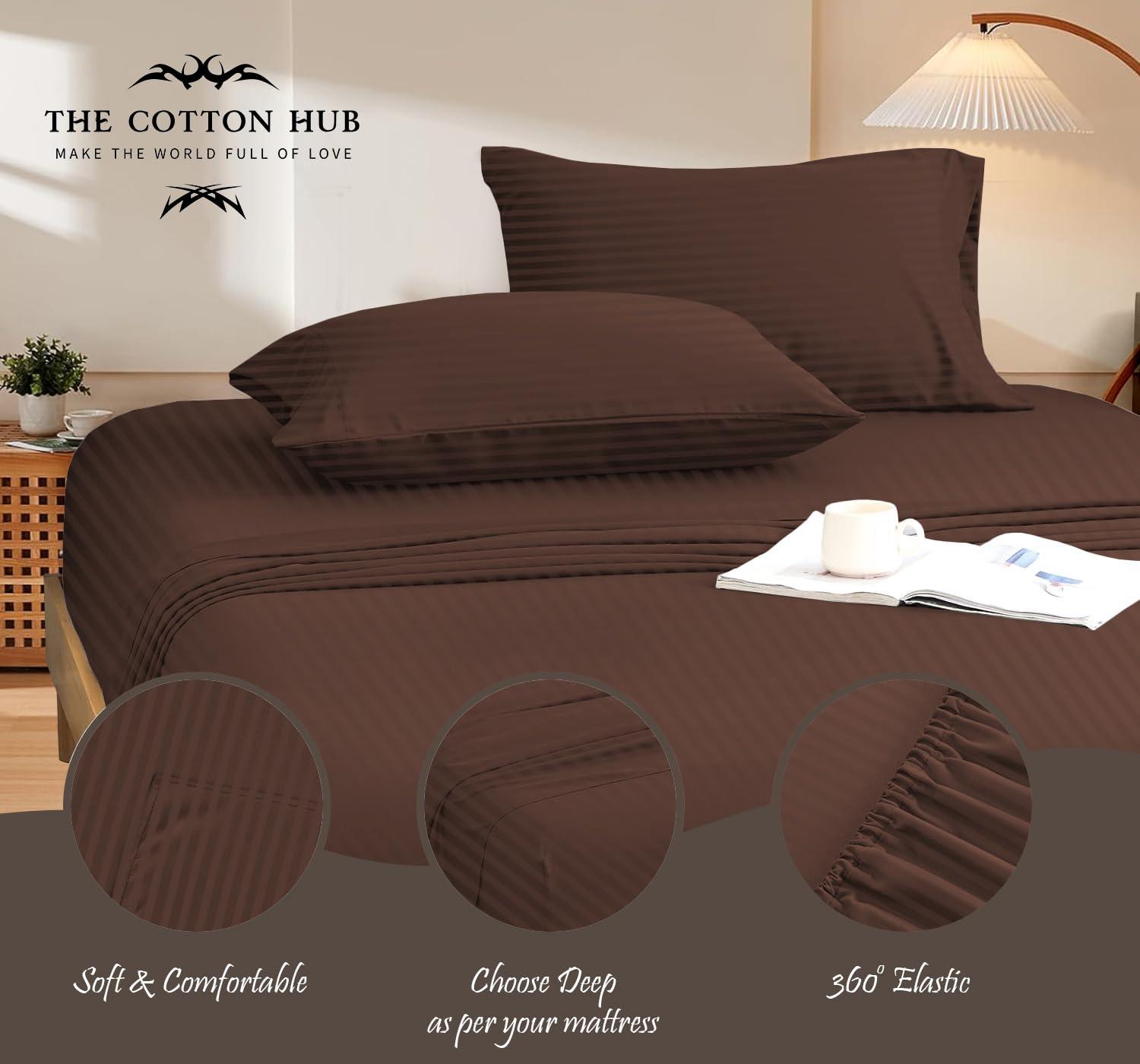 The Cotton Hub Alaska King Size 4-Piece Sheet Set 600 Thread Count Peruvian Pima Cotton Bed Sheets fits up to 7-9 inch Deep Pocket (Stripe, Chocolate)