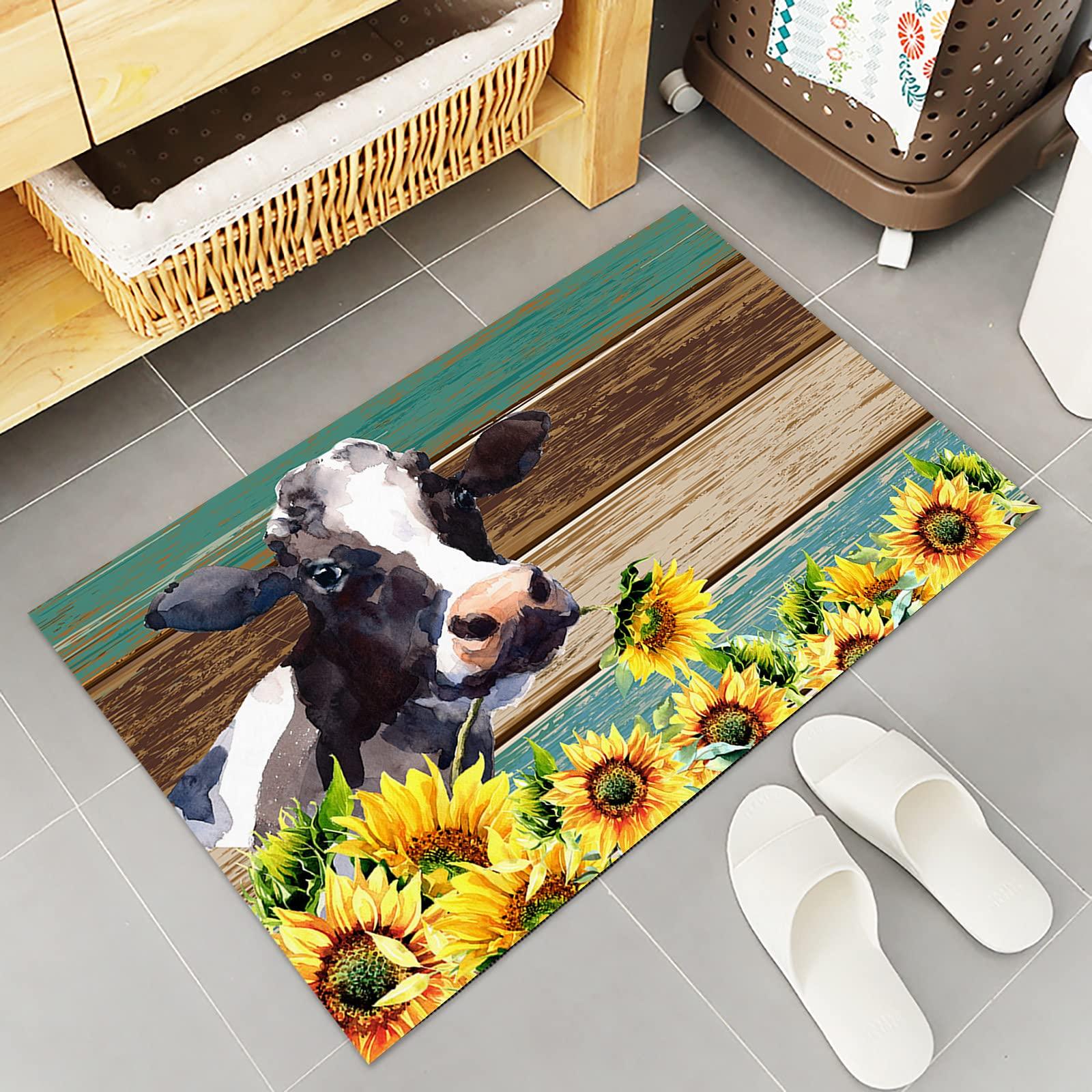 LooPoP Kitchen Rugs and Mats Non Skid Washable Sets Sunflower Cow Yellow Anti Fatigue 2 Piece Set Non Skid Waterproof Standing Rugs Teal Brown Wooden Plank