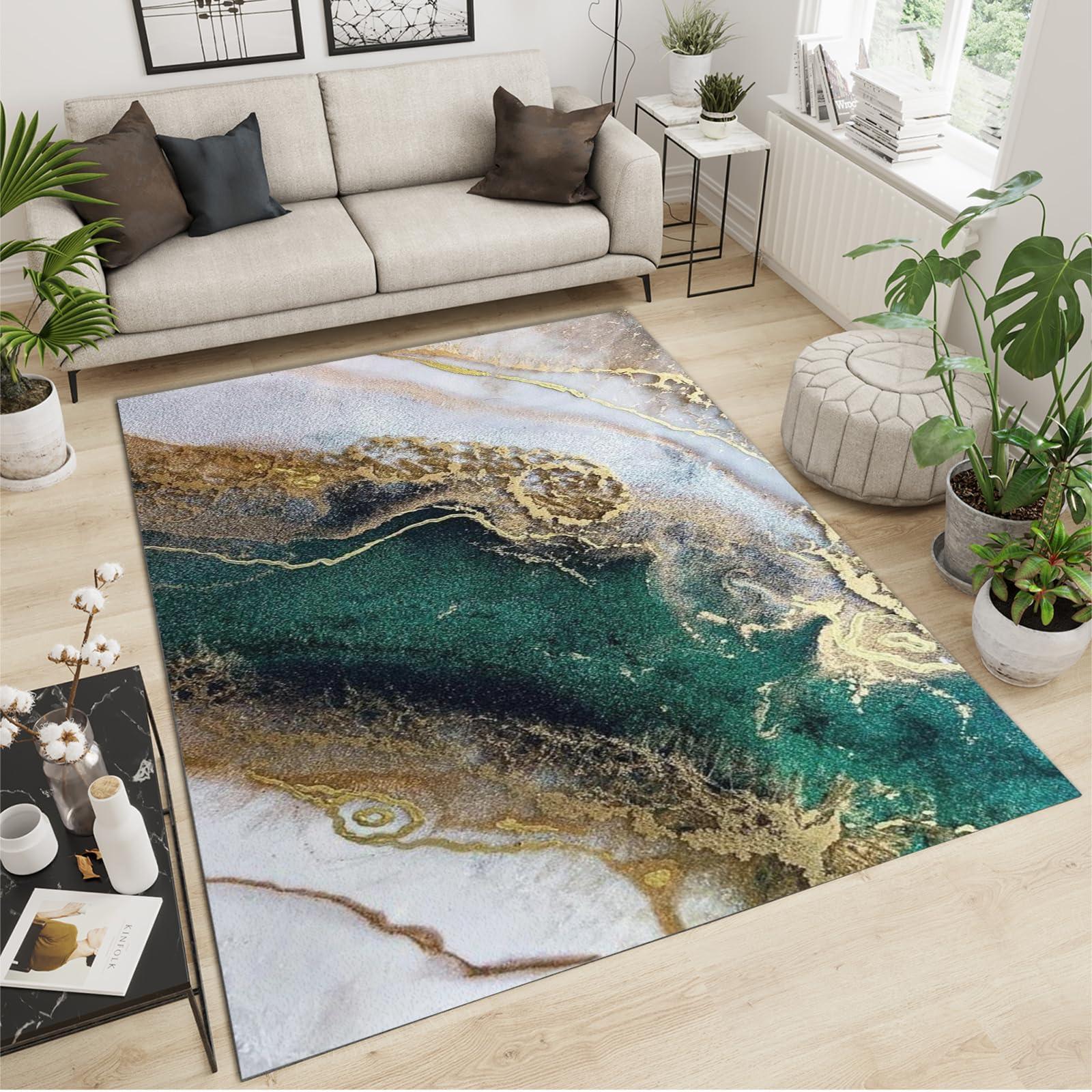 GIRTFU 2x4 Runner Rugs Modern Luxury Emerald Green Marble Fit Under Door Rugs for Entryway, Green and Gold Smudged Kitchen Runner Rug Soft Non Slip Washable for Sink Entryway Hallways Indoor