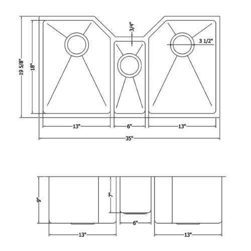 Ruvati Ruvati 35" Triple Bowl Undermount 16 Gauge Stainless Steel Kitchen Sink - RVH8500