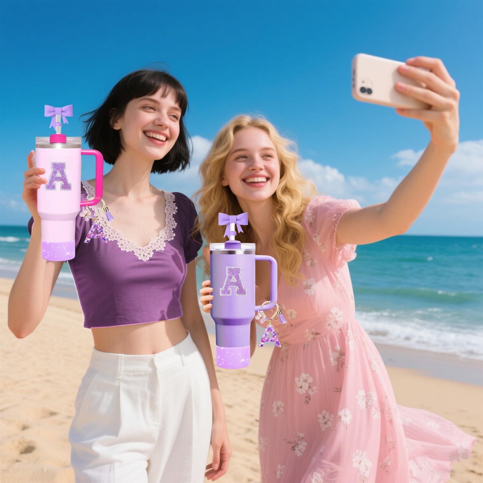 MOTEERLLU MOTEERLLU 6pcs Stanley Cup Accessories Set,Bow Straw Cover for Stanley Cup 30oz 40oz, Including Straw Topper,Spill Proof Stopper,Sparkly Silicone Boot Set,Handle Charm,Initials Sticker (D)