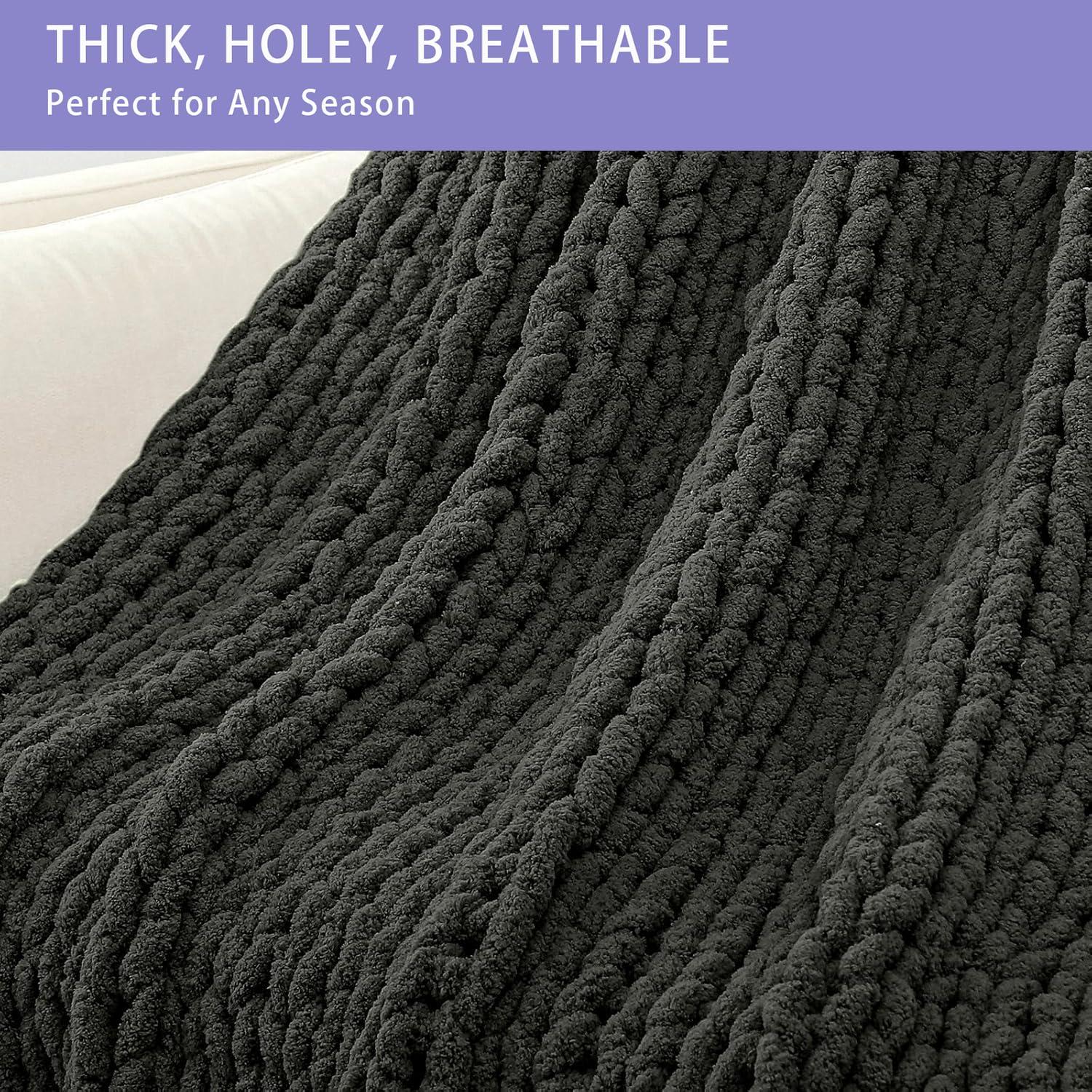 Bigacogo Bigacogo Chunky Knit Throw Blanket for Couch, 40x40 inches, 100% Hand Knitted with Thick Jumbo Chenille Yarn, Cozy Soft Large Rope Knot Cable Crochet Blankets for Sofa Bed Living Room, Dark Grey